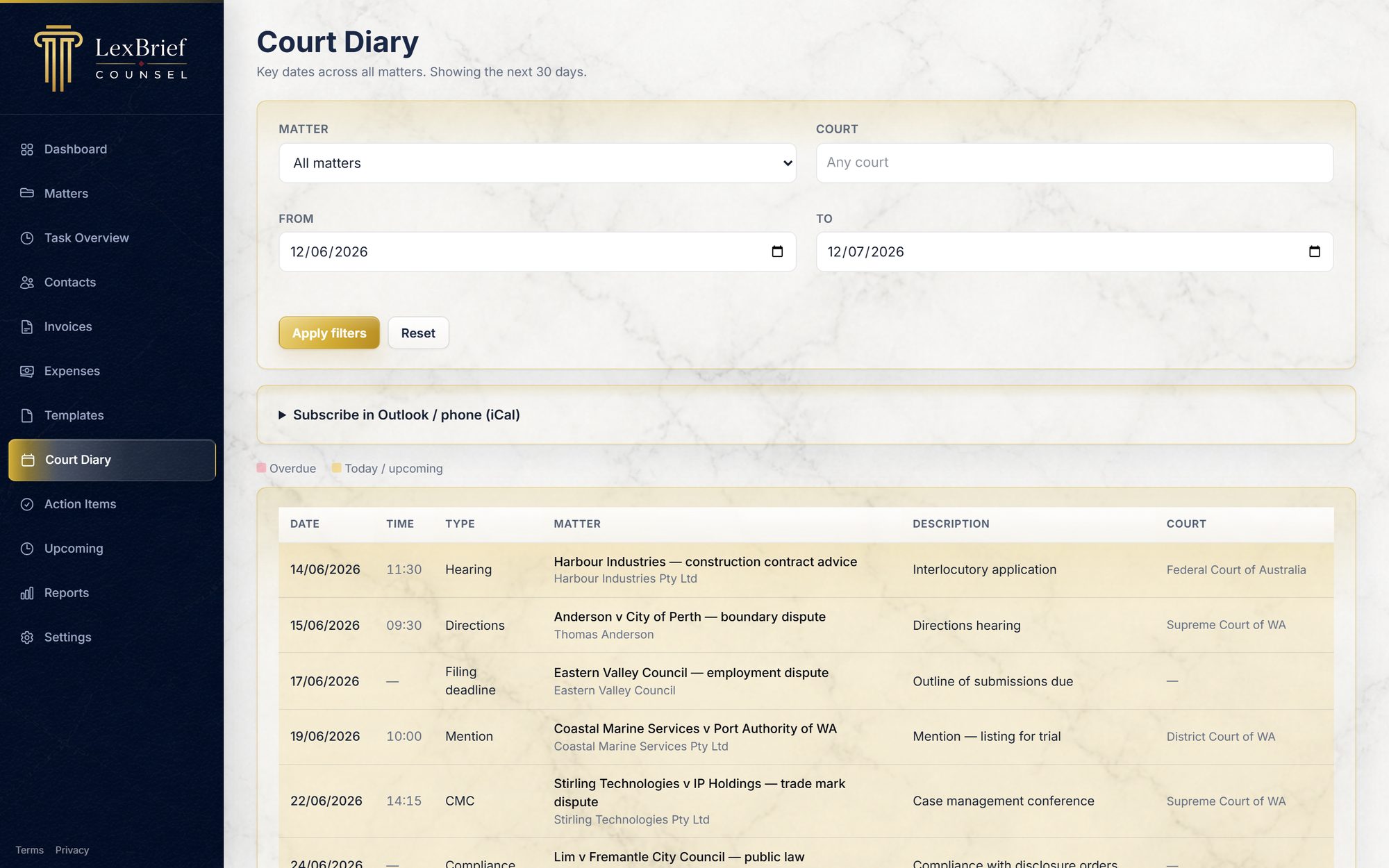 Court diary listing hearings and key dates across matters.