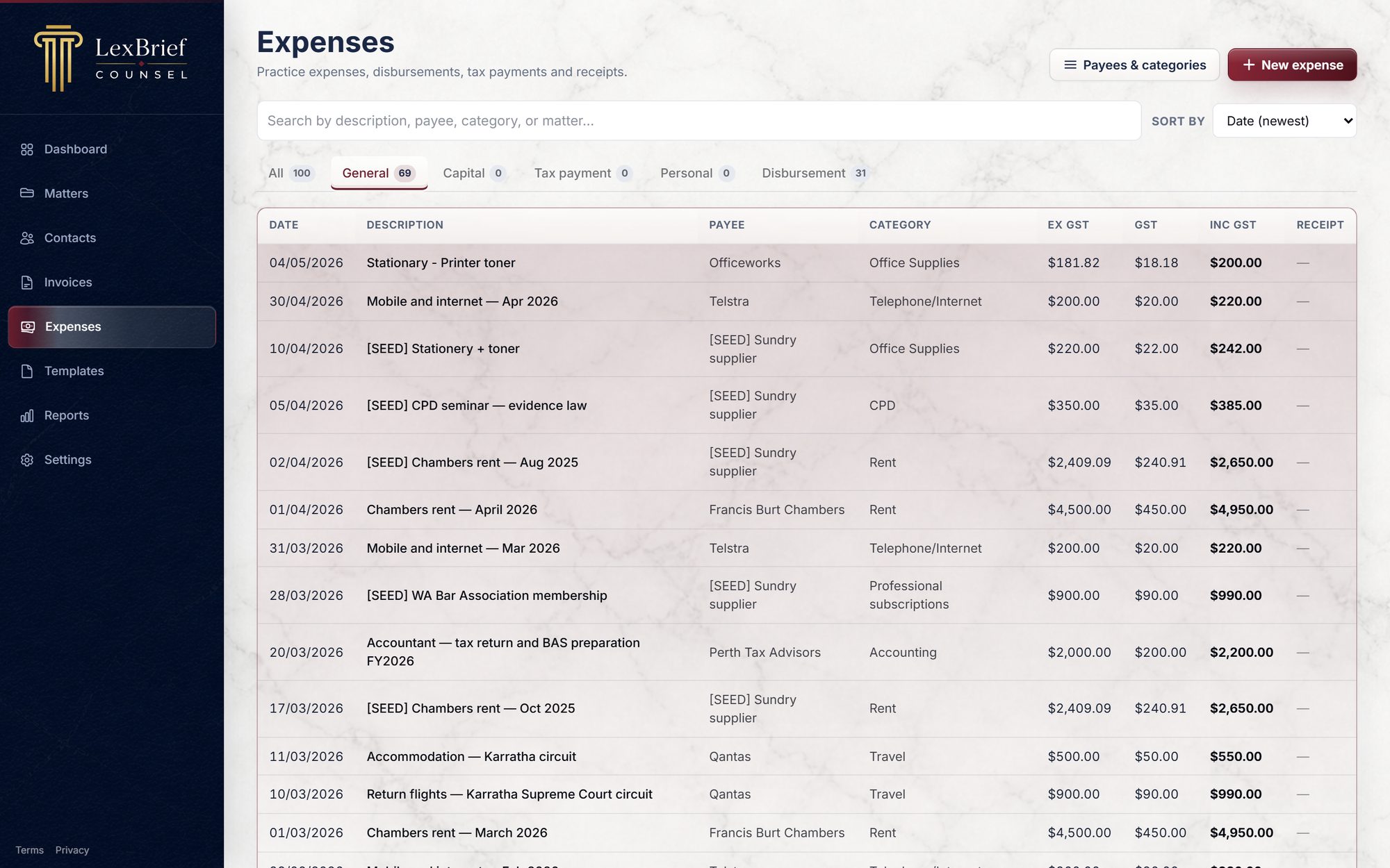 Expenses ledger across categories with receipt links.