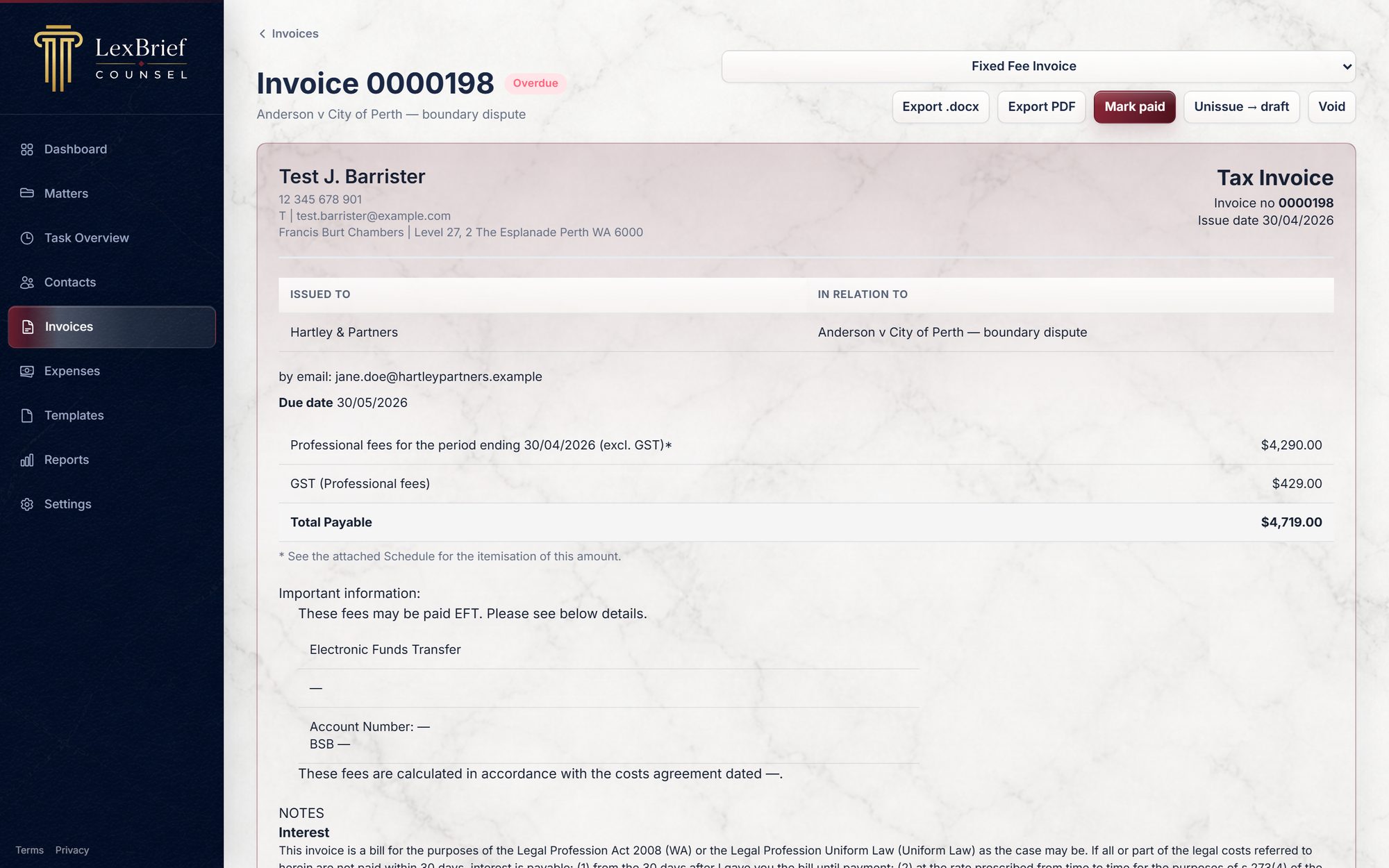 Issued tax invoice showing fees, GST and a schedule of itemised work.