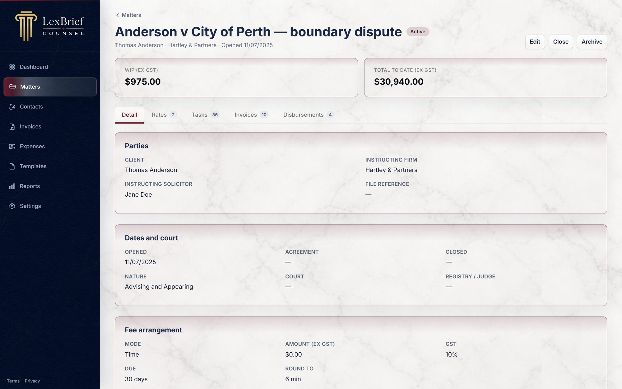 Matter detail view showing tasks, disbursements and matter information.