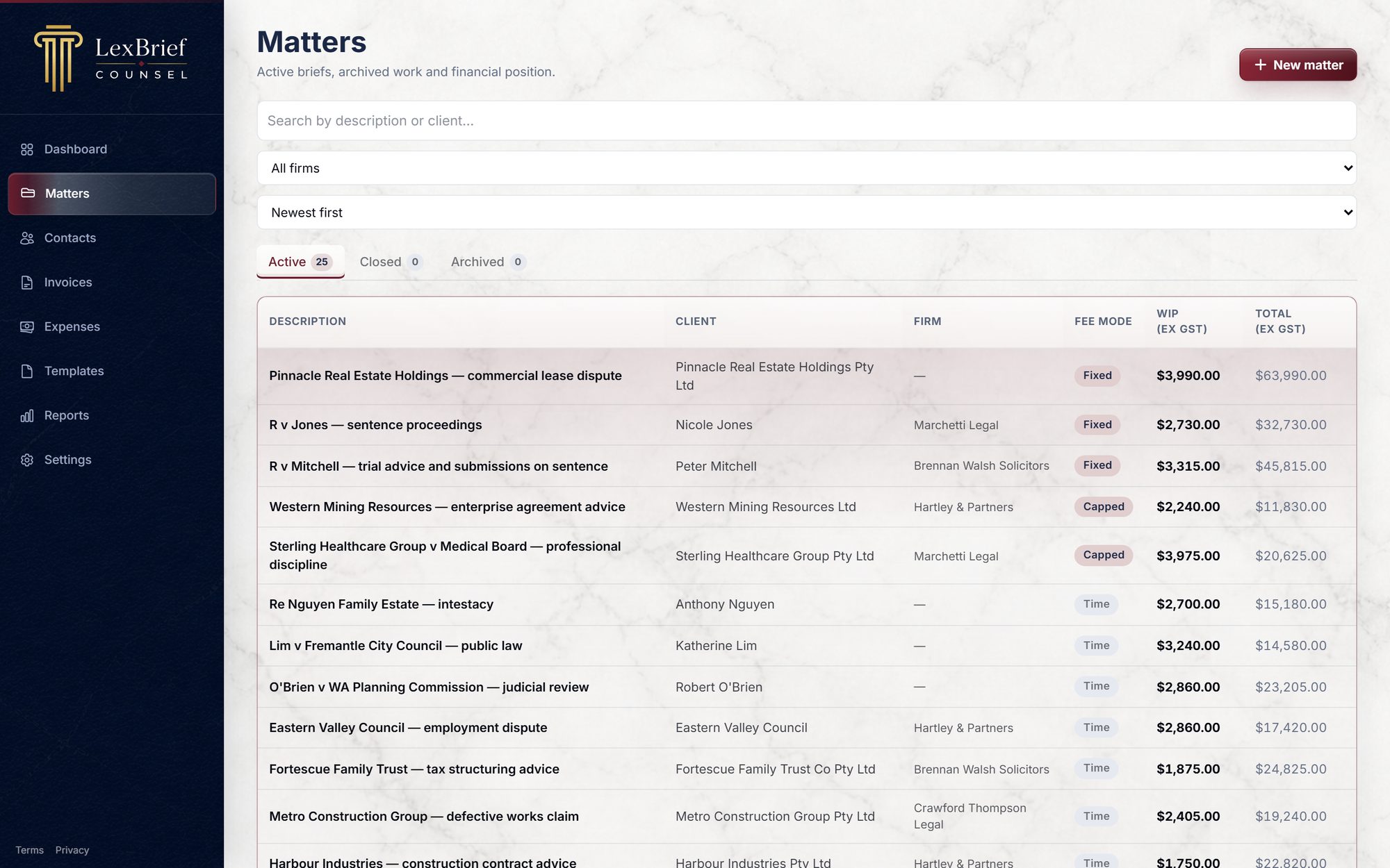 Matters list showing active briefs with status and key details.