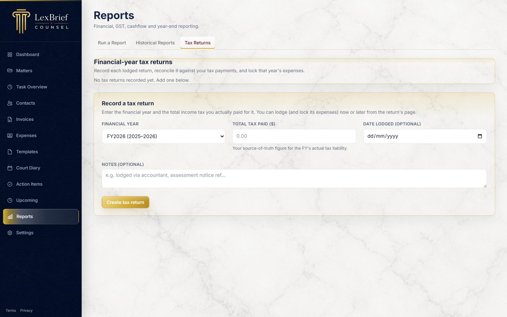 Tax returns tab recording lodged returns and locking FY expenses.