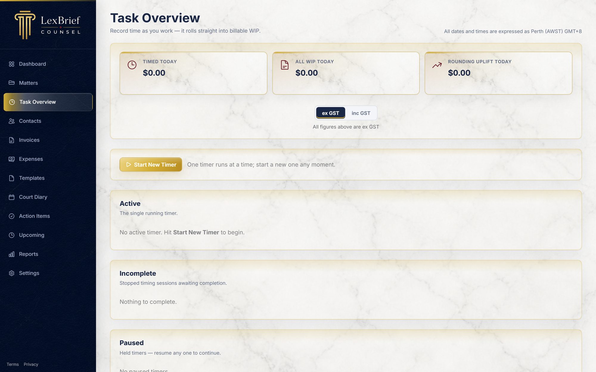 Task Overview page with live timers and work-in-progress totals.