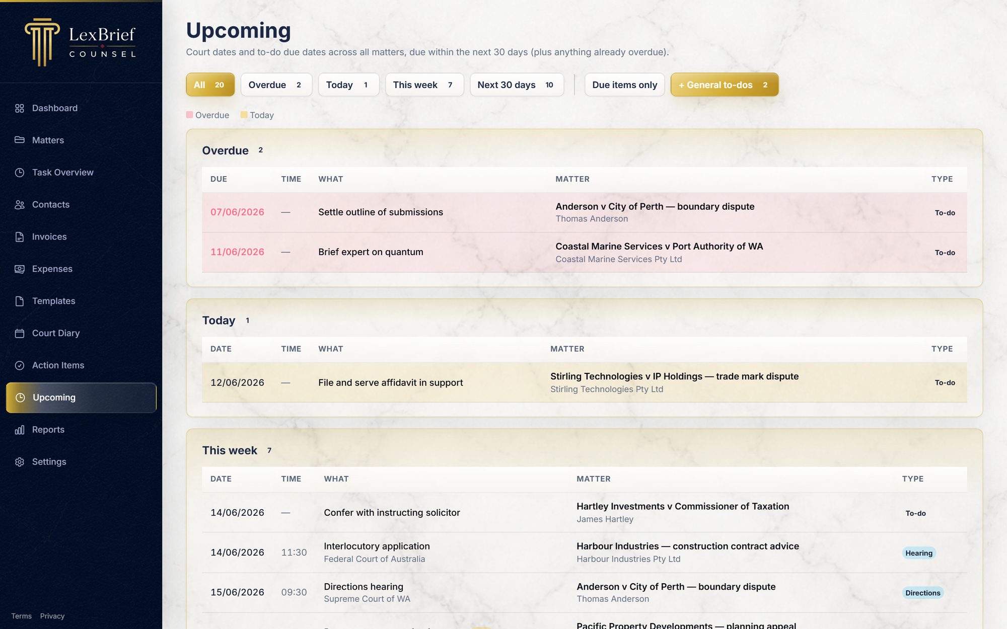 Upcoming view bucketing diary dates and to-dos by urgency.
