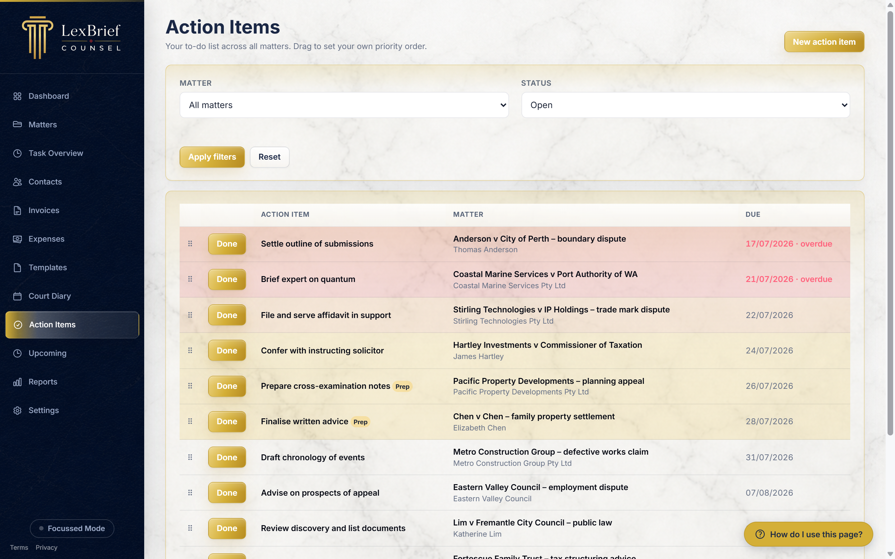 The Action Items page, showing open to-do items across all matters in one list, with due dates and coloured rows