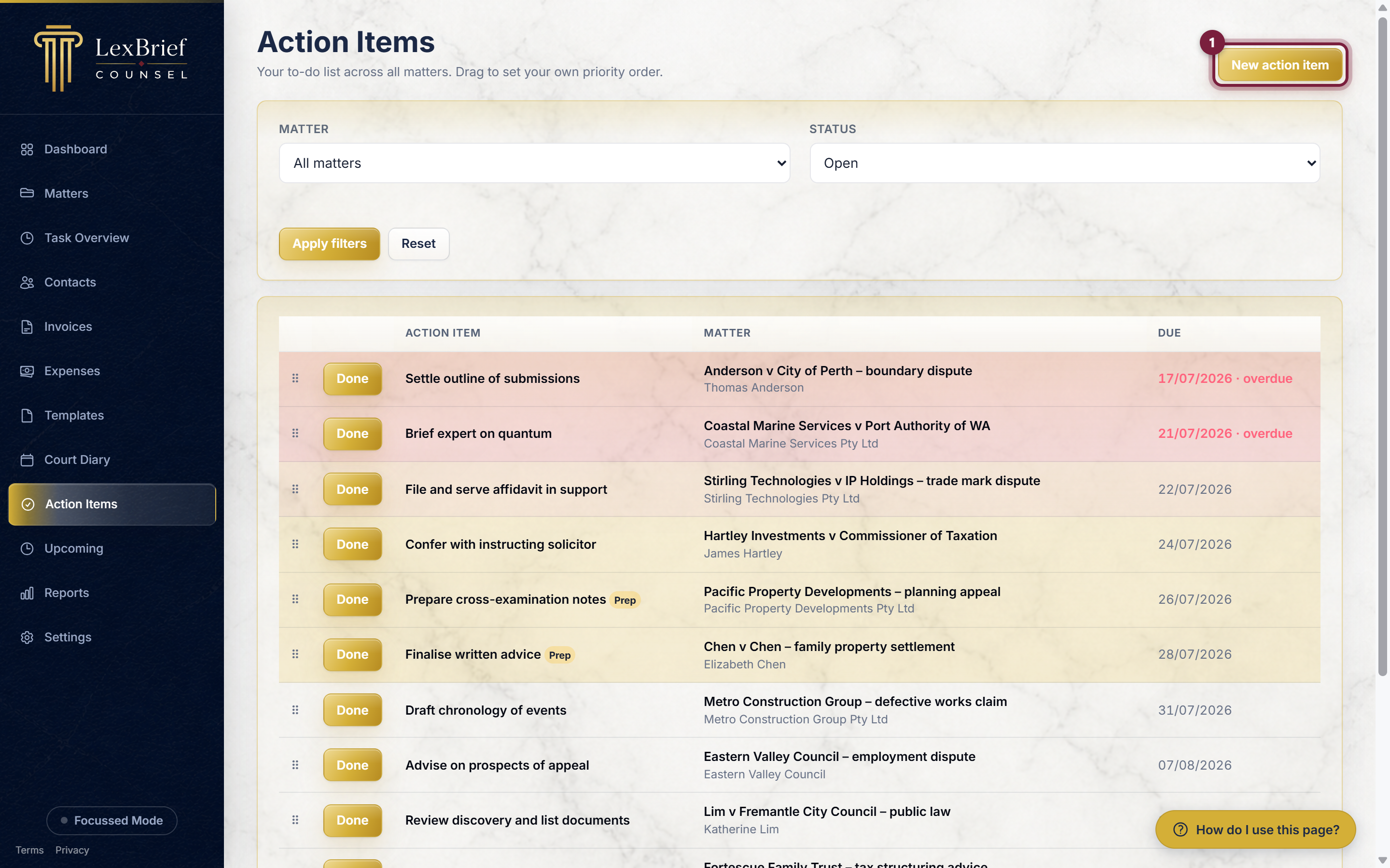 The New action item button in the top-right of the Action Items page, circled