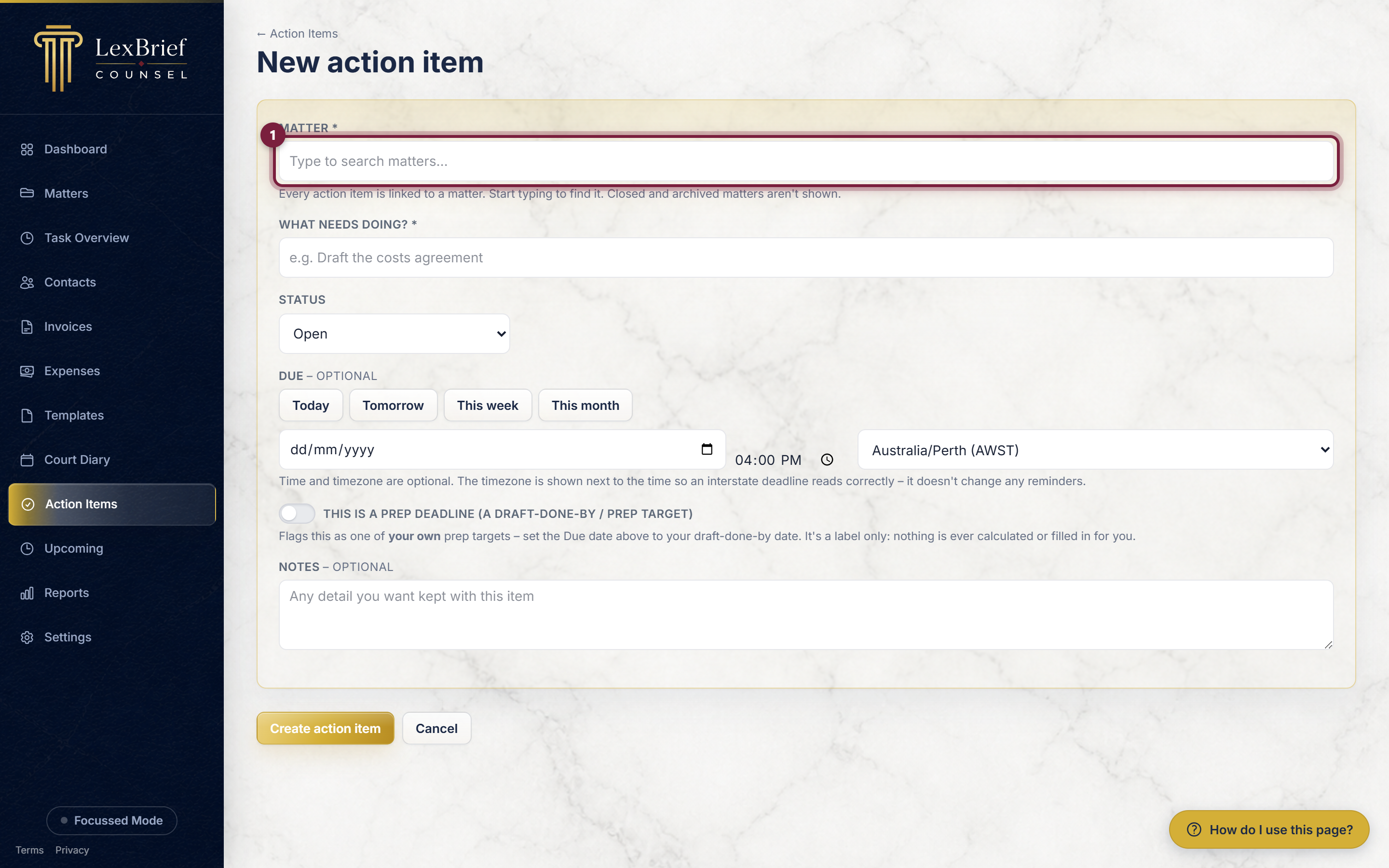The Matter search box at the top of the new action item form, circled