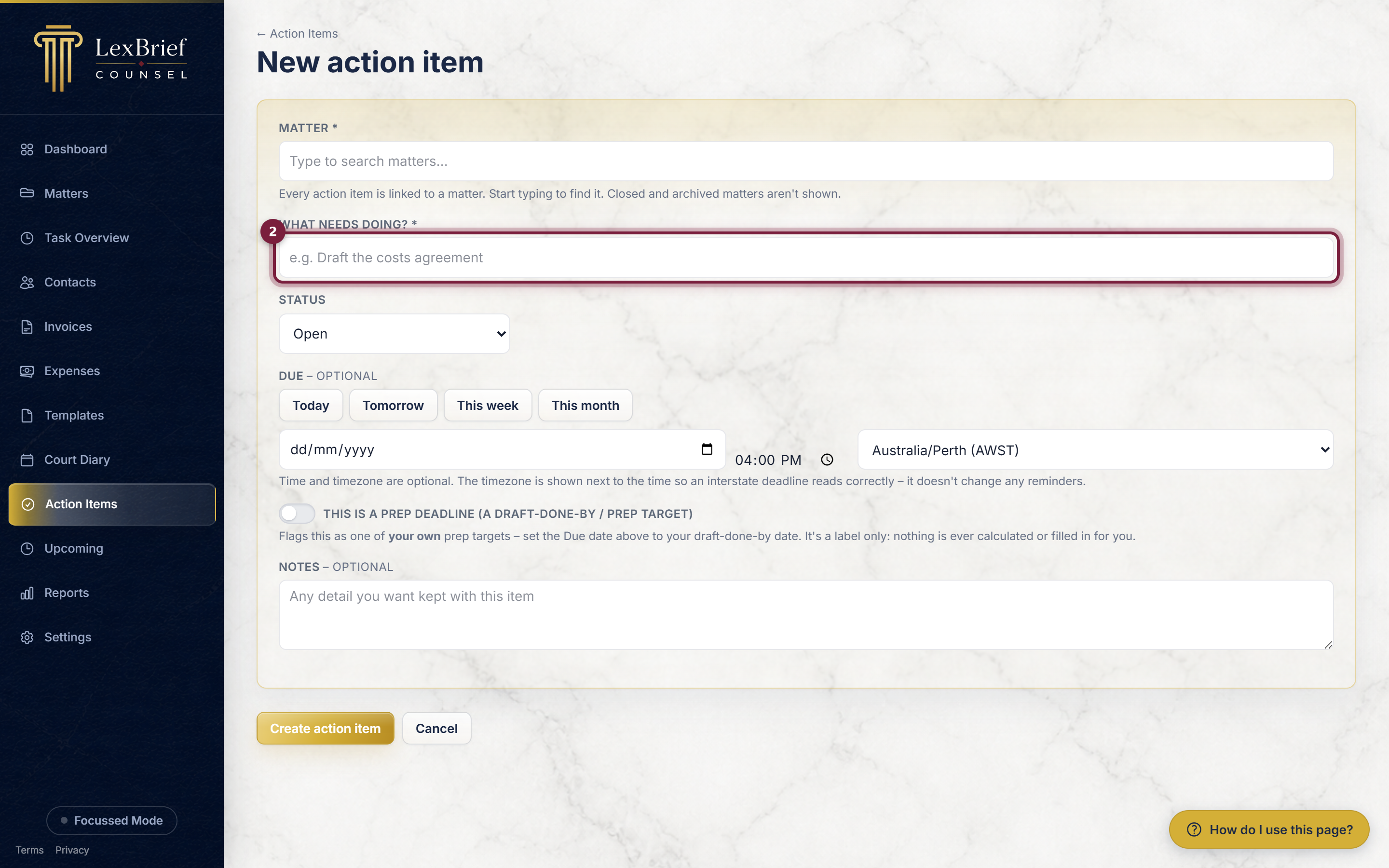 The 'What needs doing?' box on the new action item form, circled