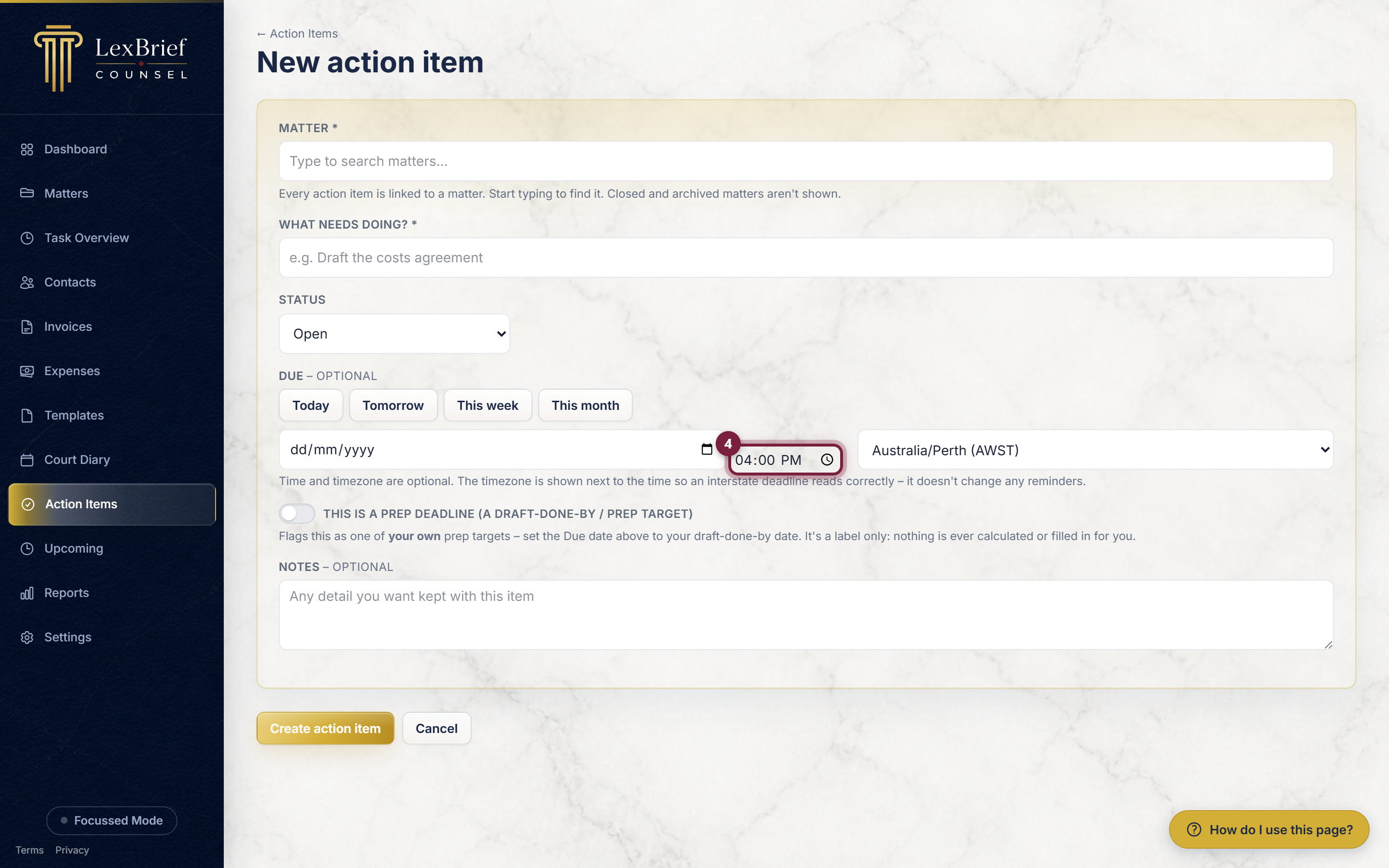 The optional time box and timezone box on the Due row, circled