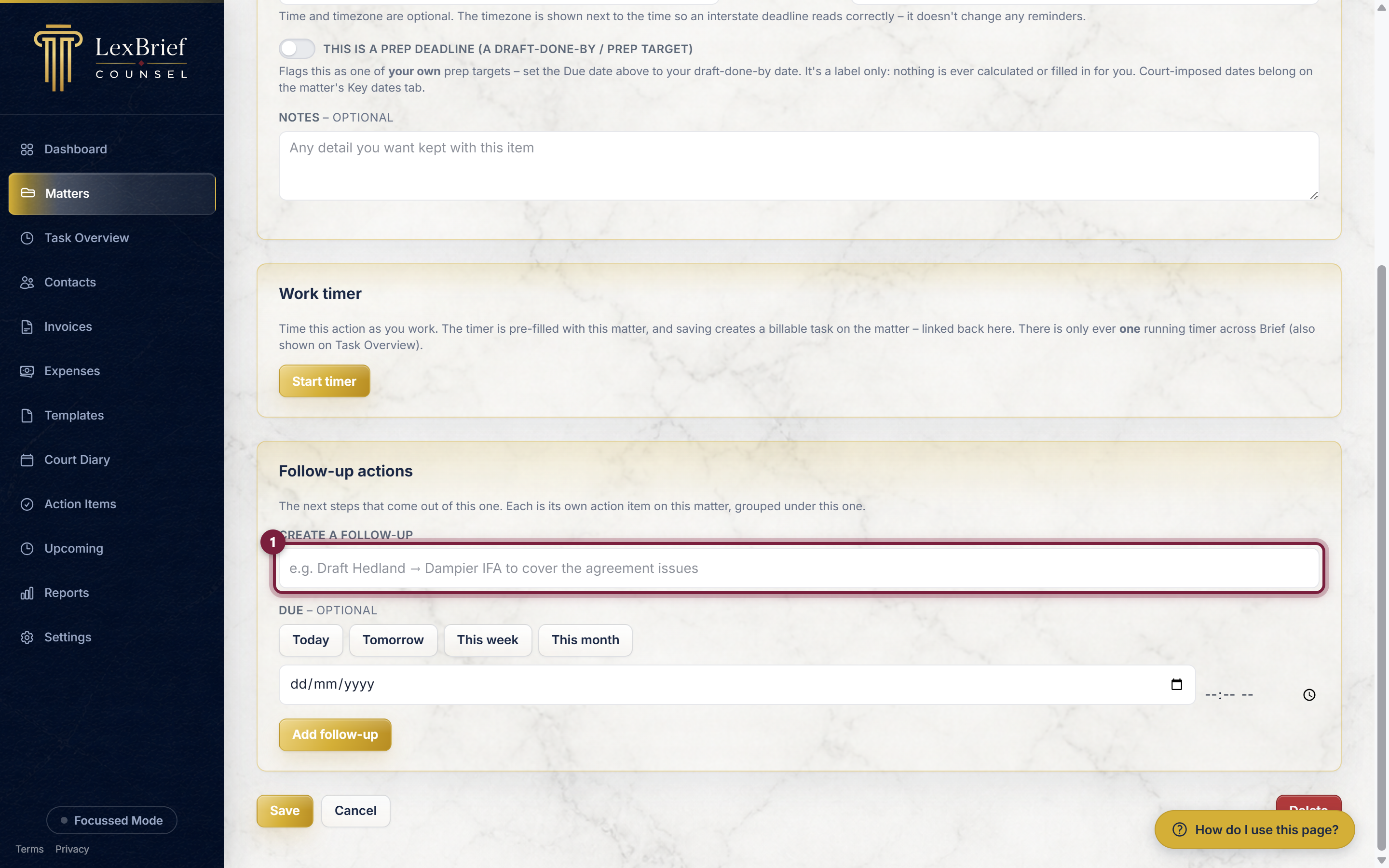The Create a follow-up box on an action item's page, circled