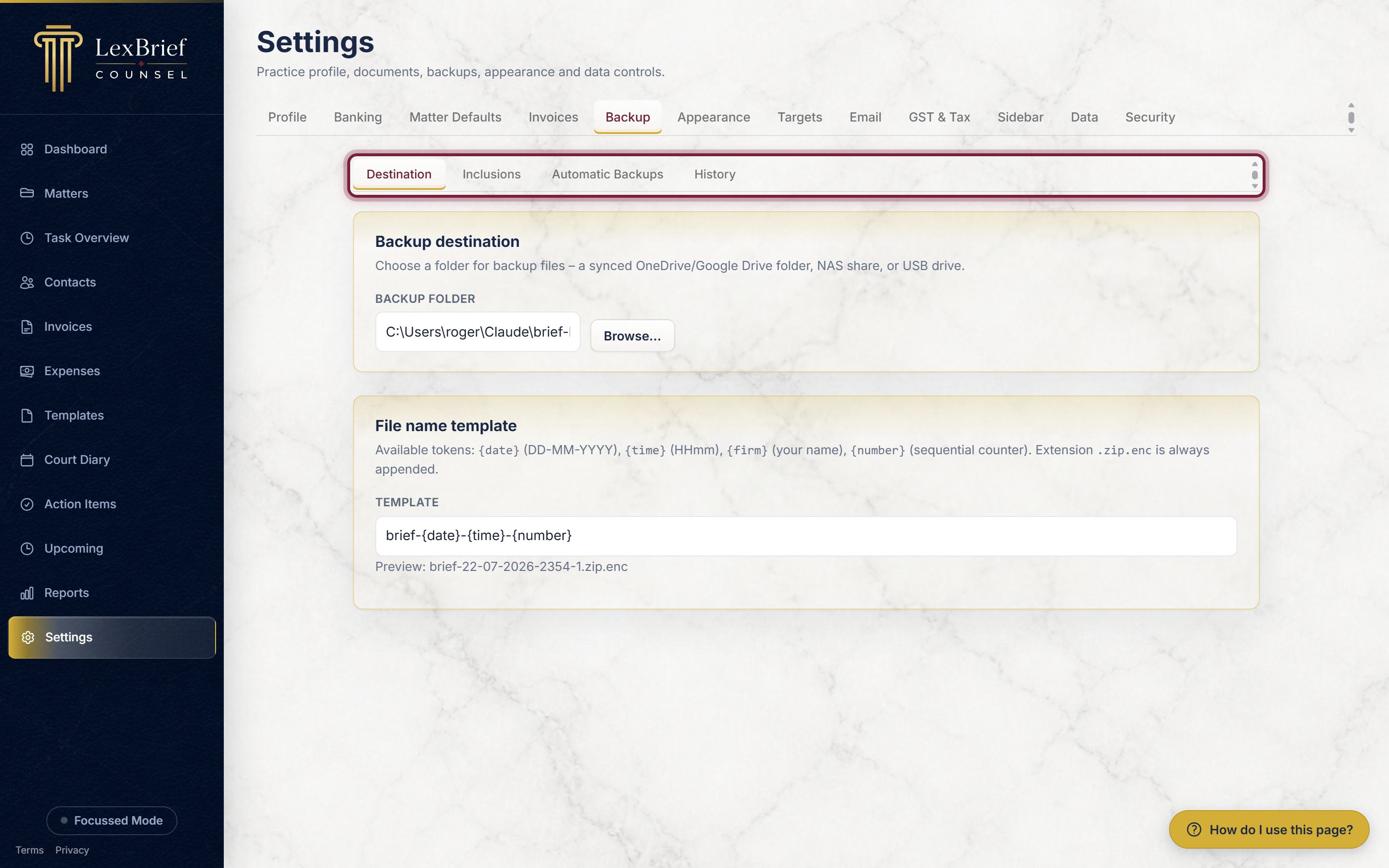 The Backup tab open, with its inner tabs Destination, Inclusions, Automatic Backups and History highlighted