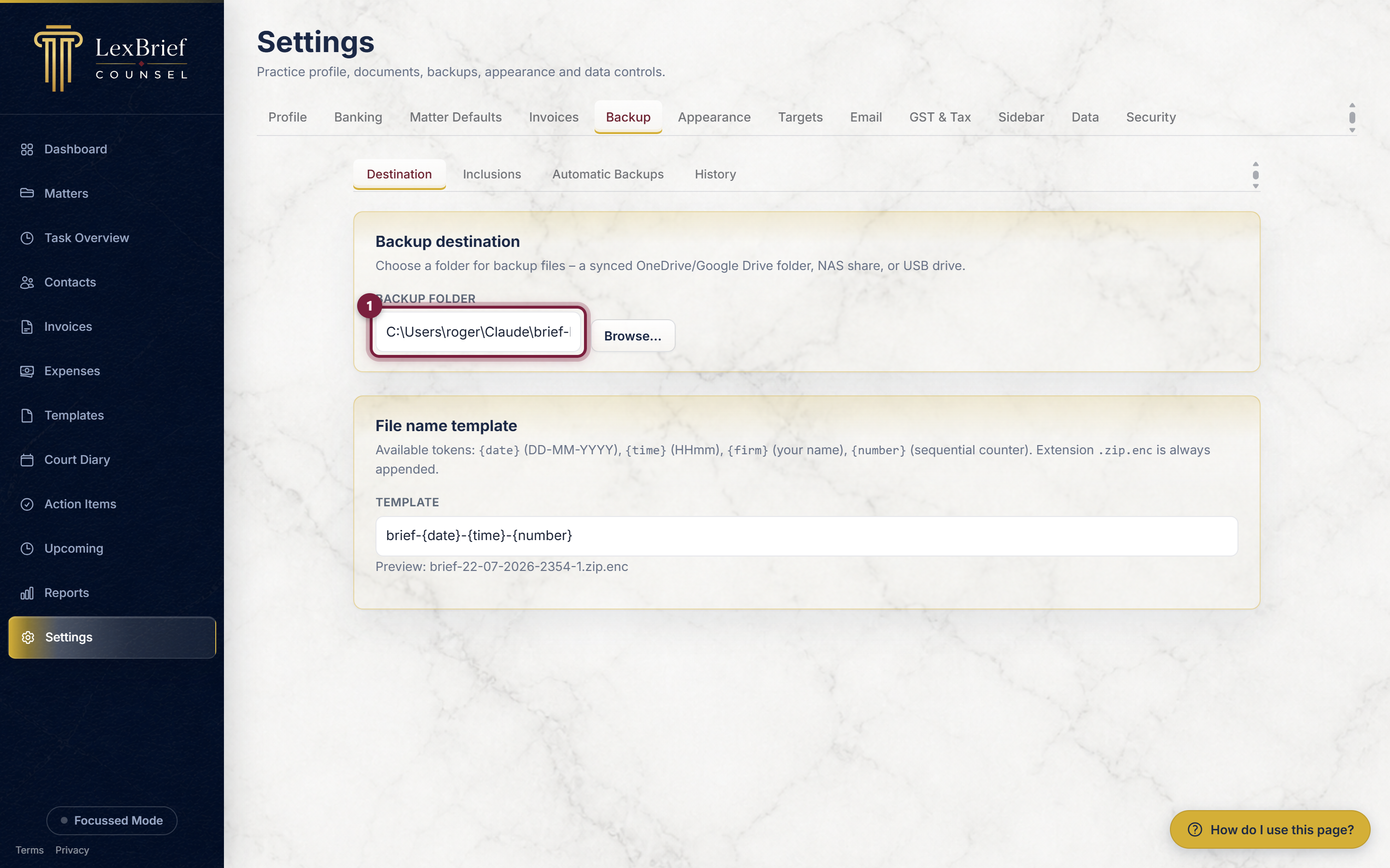The Backup folder box on the Destination tab, with a Browse button beside it, highlighted