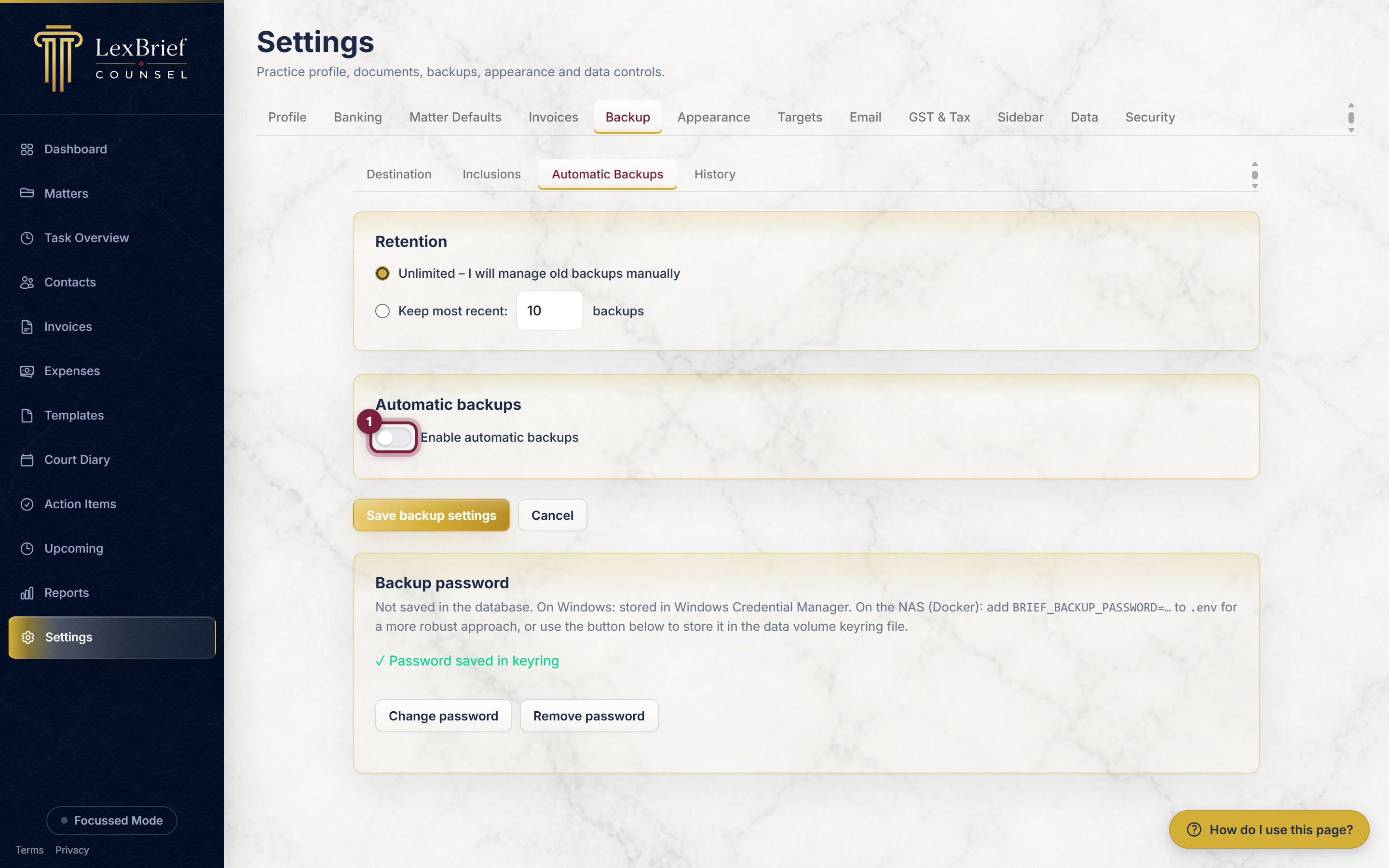 The Enable automatic backups switch on the Automatic Backups tab, highlighted