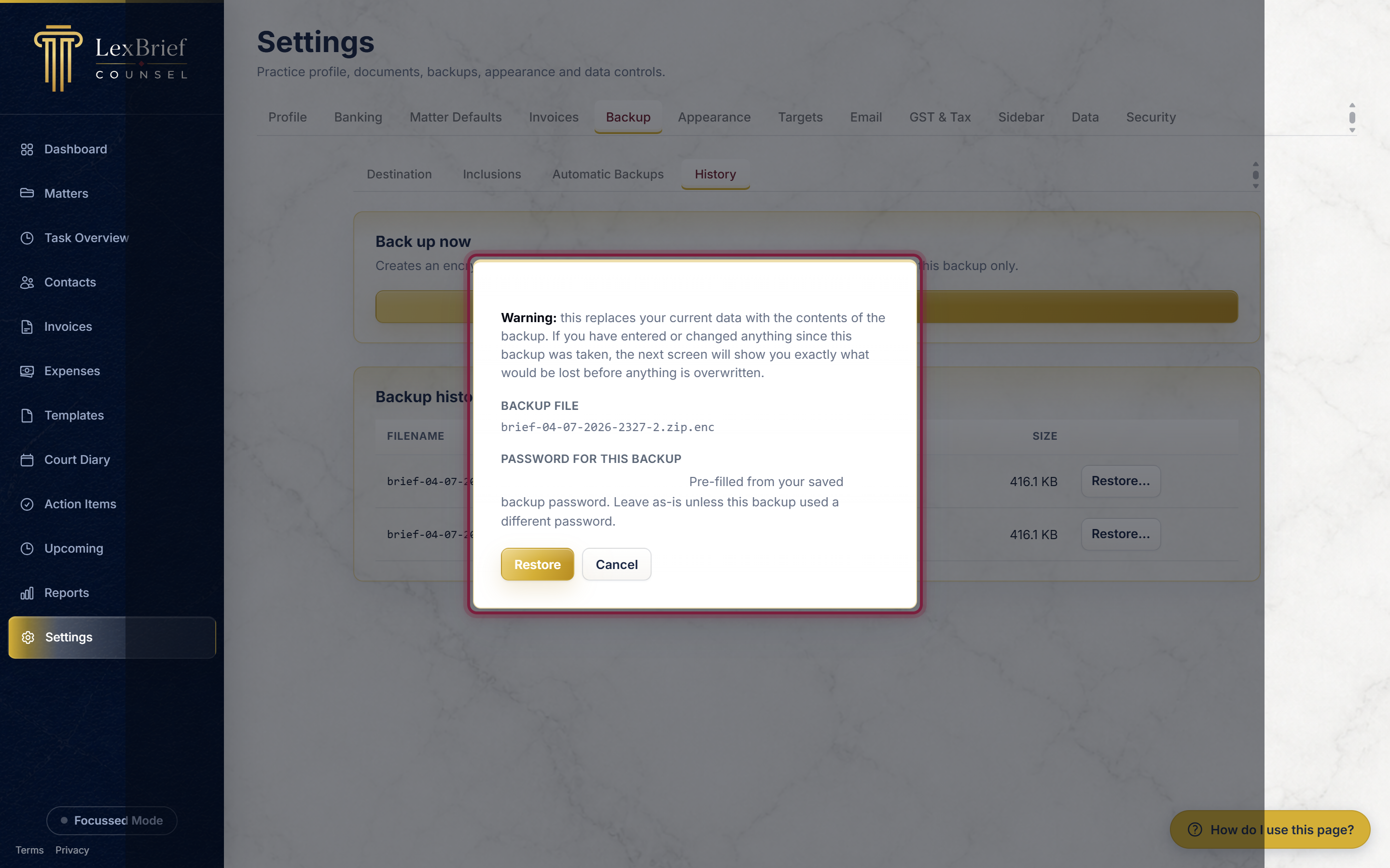 The Restore backup pop-up box, showing the warning that current data will be replaced and the password box