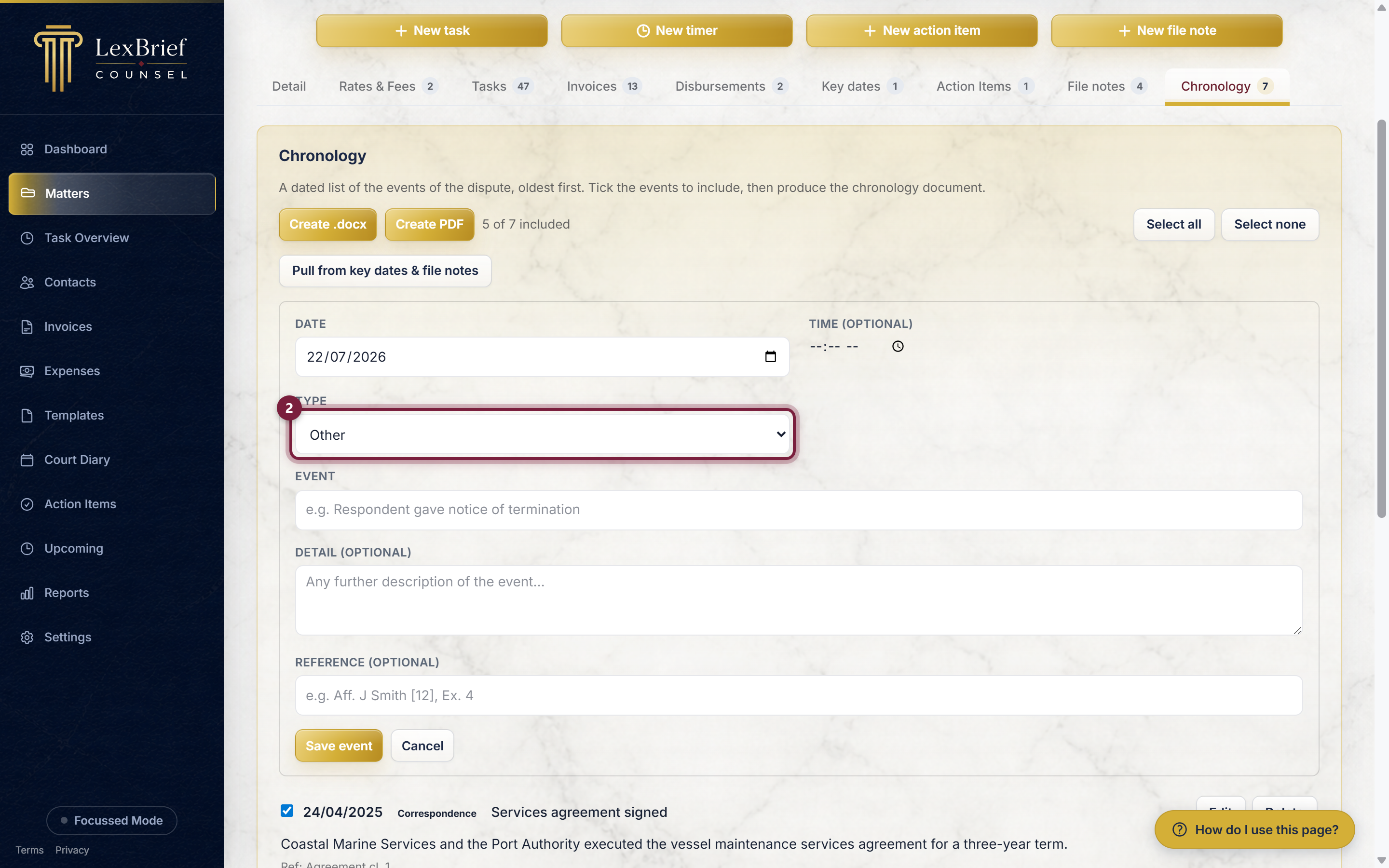The Type box on the add-event form, circled, offering Correspondence, Court, Filing, Instruction and Other