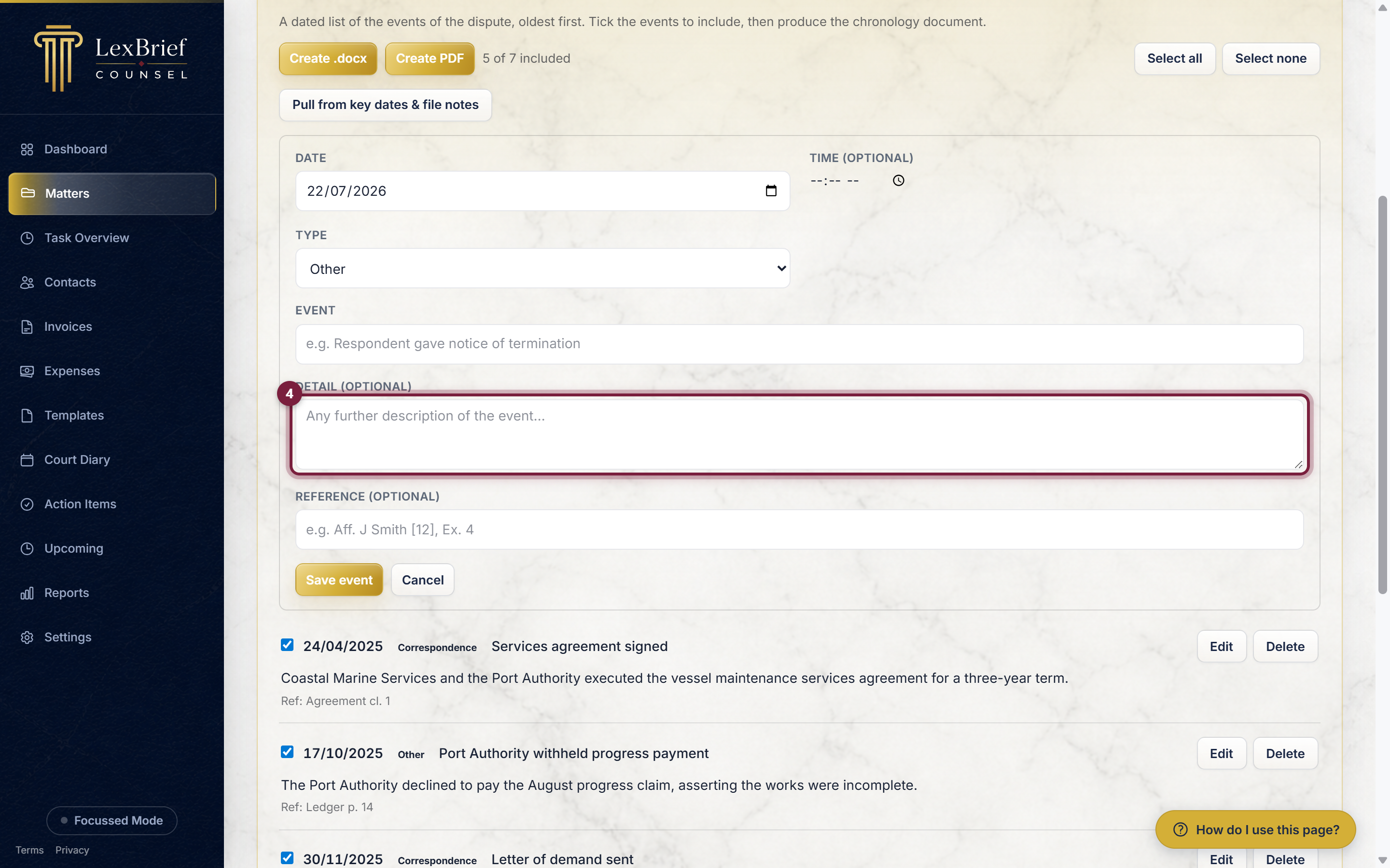 The optional Detail box on the add-event form, circled, with the Reference box below it