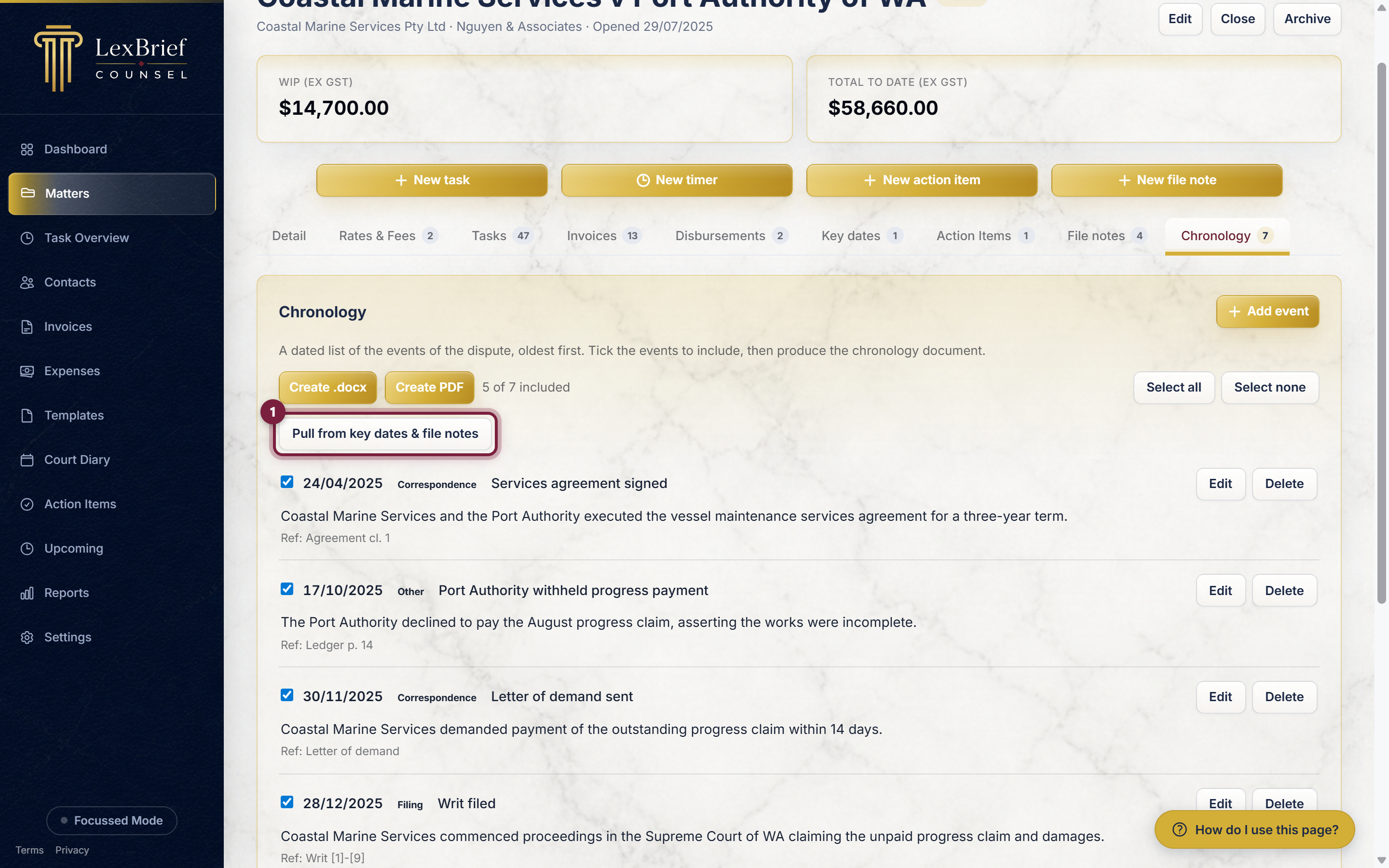 The Pull from key dates and file notes button on the Chronology tab, circled