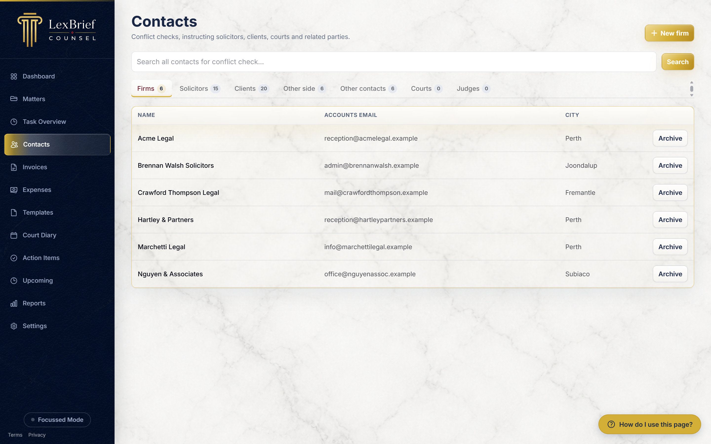 The Contacts page showing the Firms tab with a list of firms