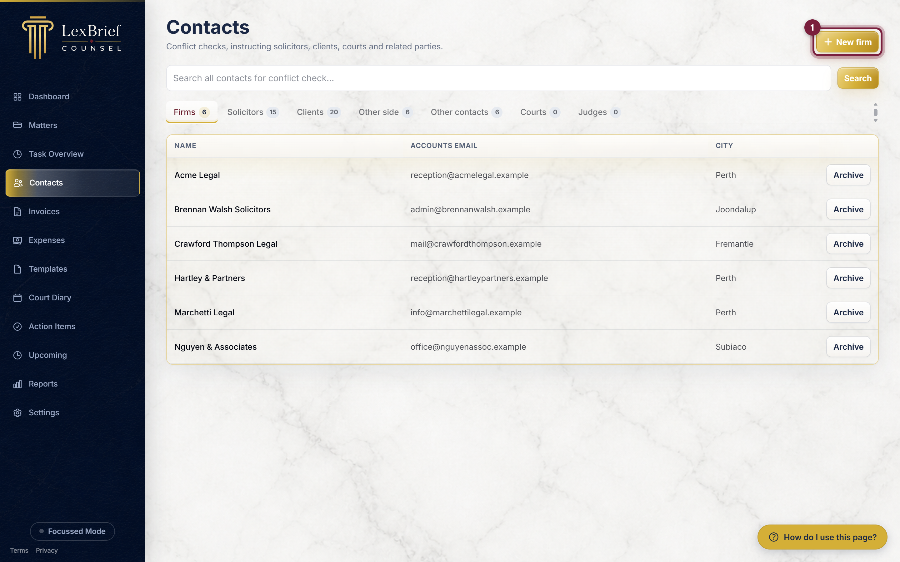 The New firm button in the top-right of the Contacts page, circled