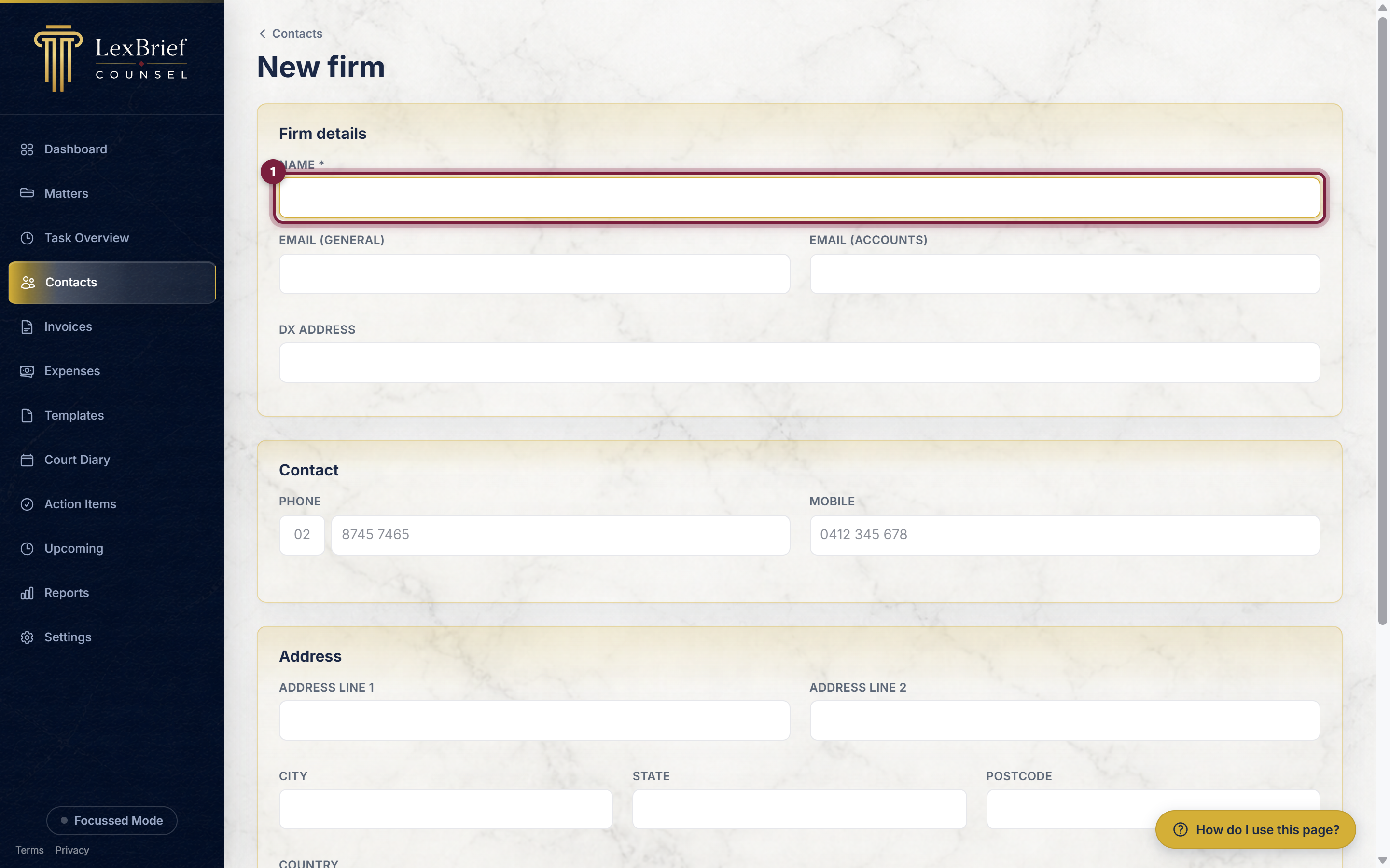 The Name box at the top of the new firm form, circled