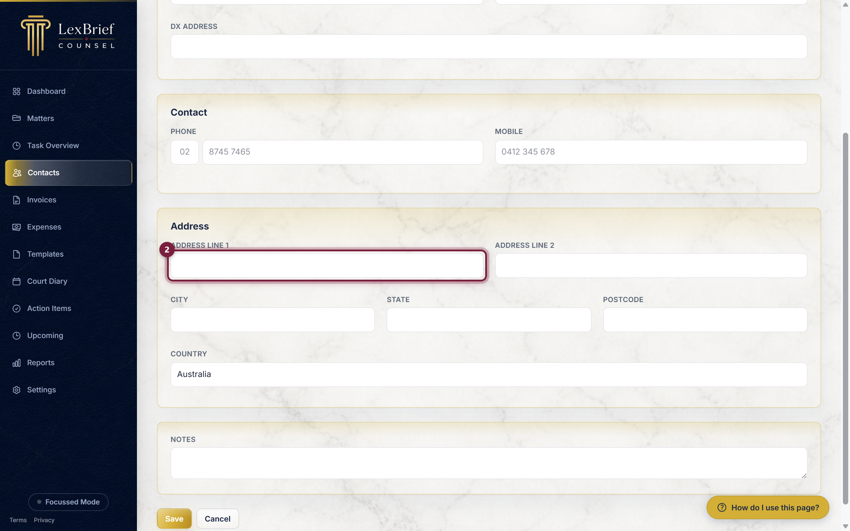 The Address section of the new firm form, circled