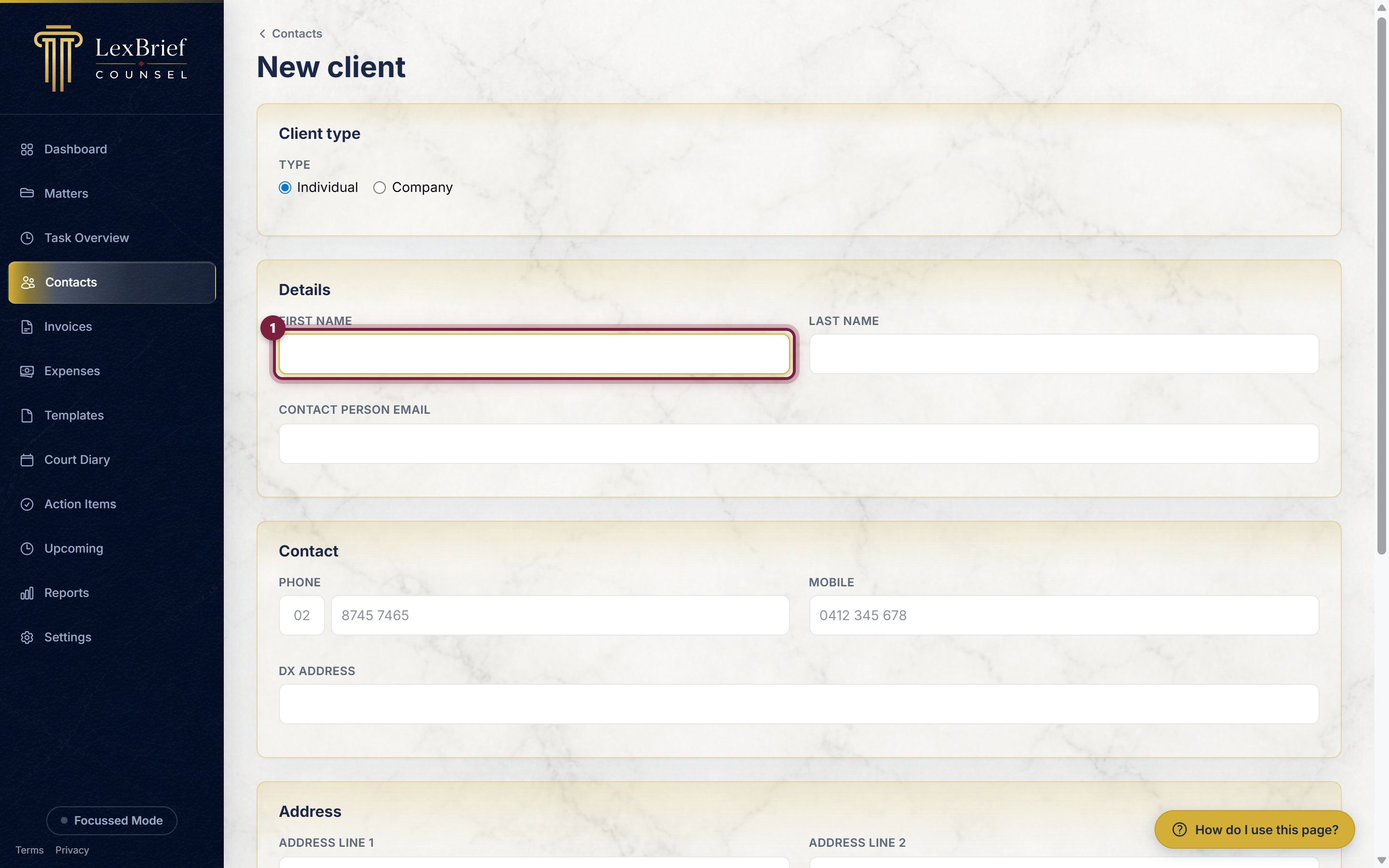 The First name box on the new individual client form, circled
