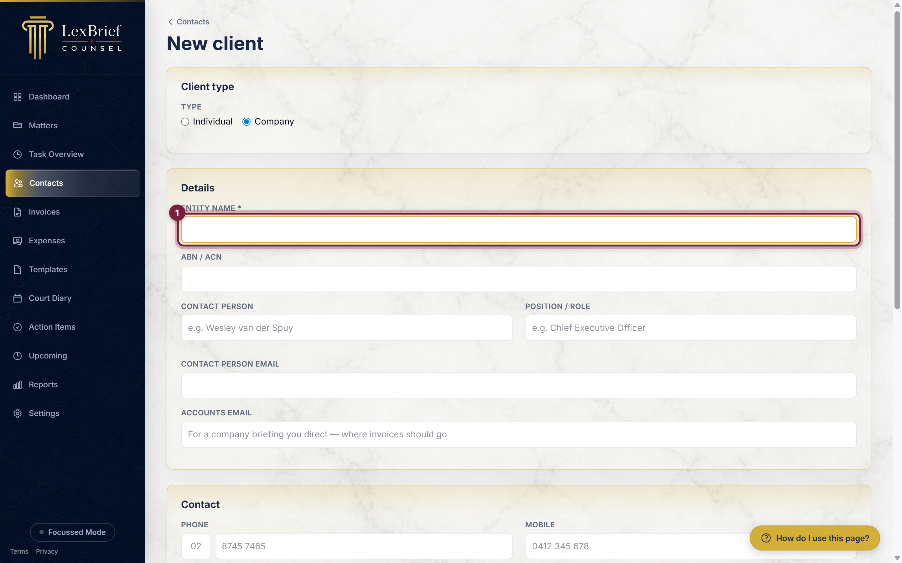 The Entity name box on the new company client form, circled