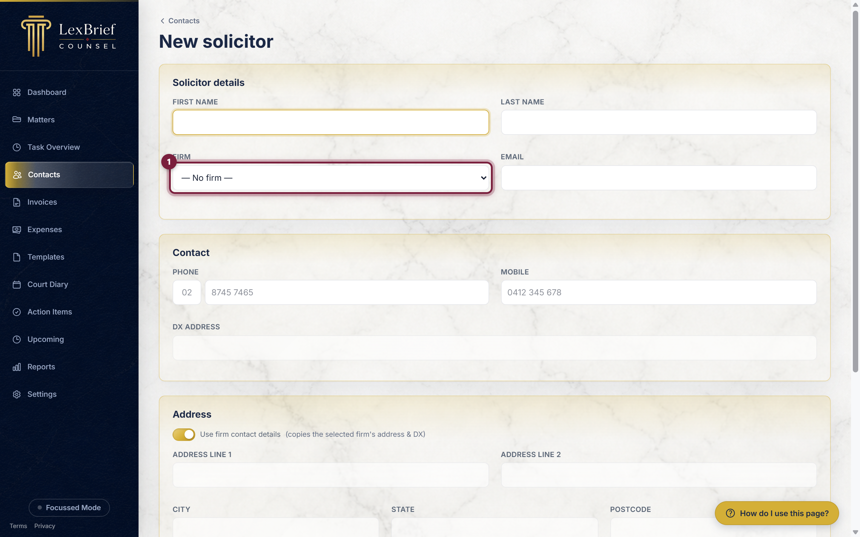 The Firm box on the new solicitor form, circled