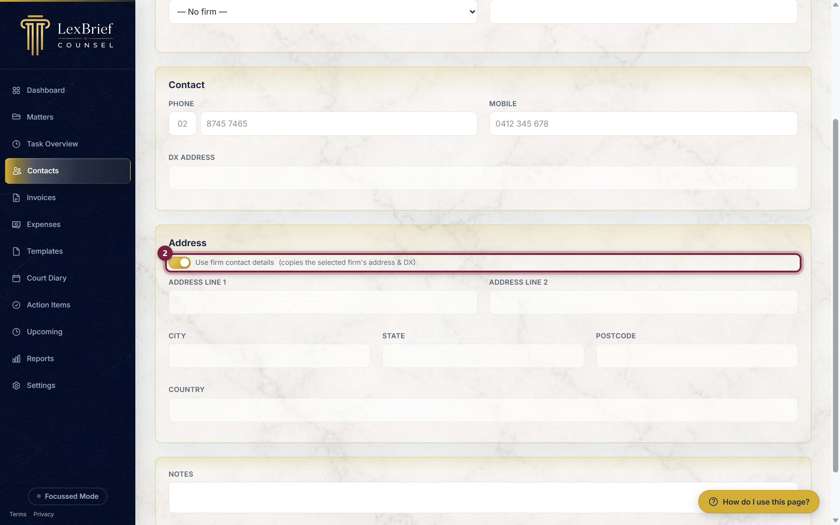 The Use firm contact details checkbox on the new solicitor form, circled
