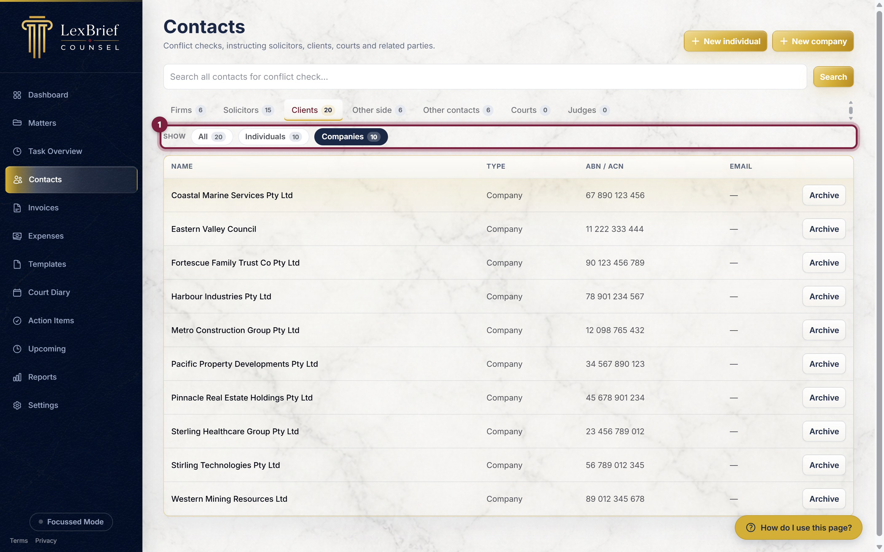 The Contacts page on the Clients tab, with the second row of buttons - Show, All, Individuals and Companies, each with a count - circled