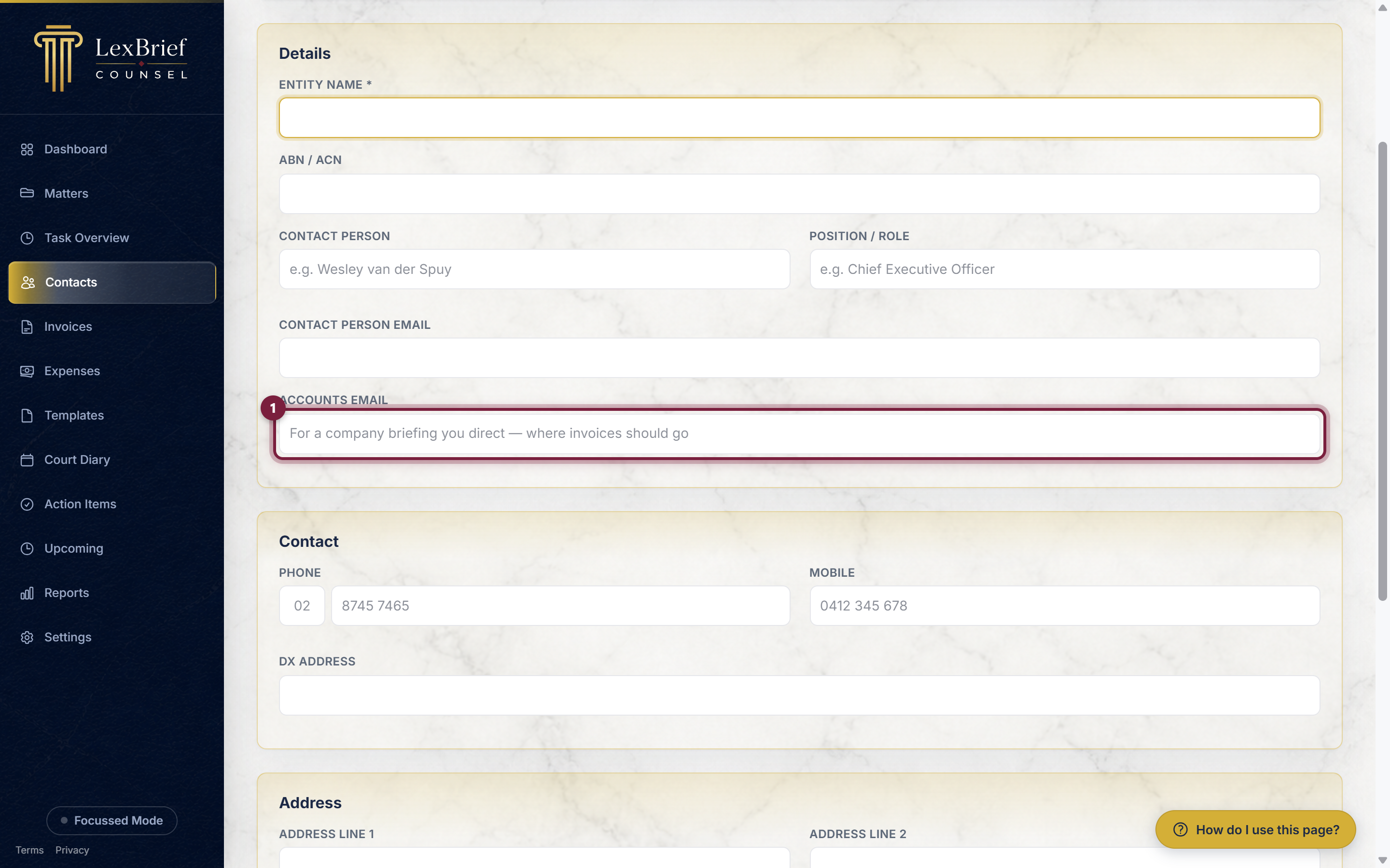 The company client form with the Accounts email box circled, sitting beneath Contact person email