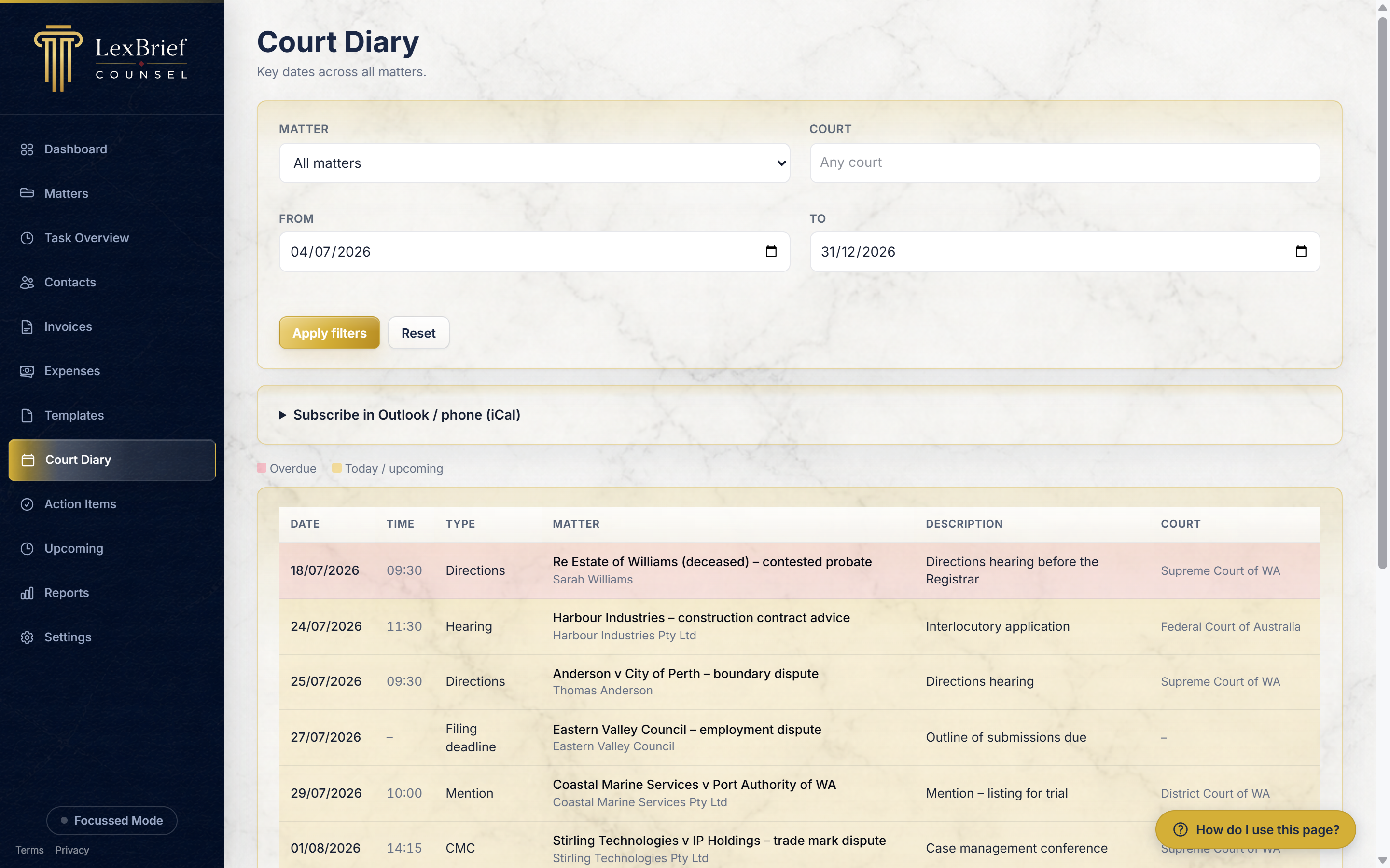 The Court Diary page, showing upcoming key dates across all matters in one list