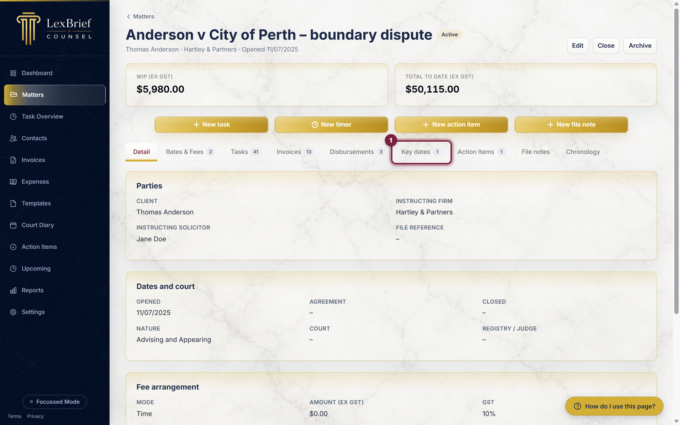 The Key dates tab on a matter's page, circled