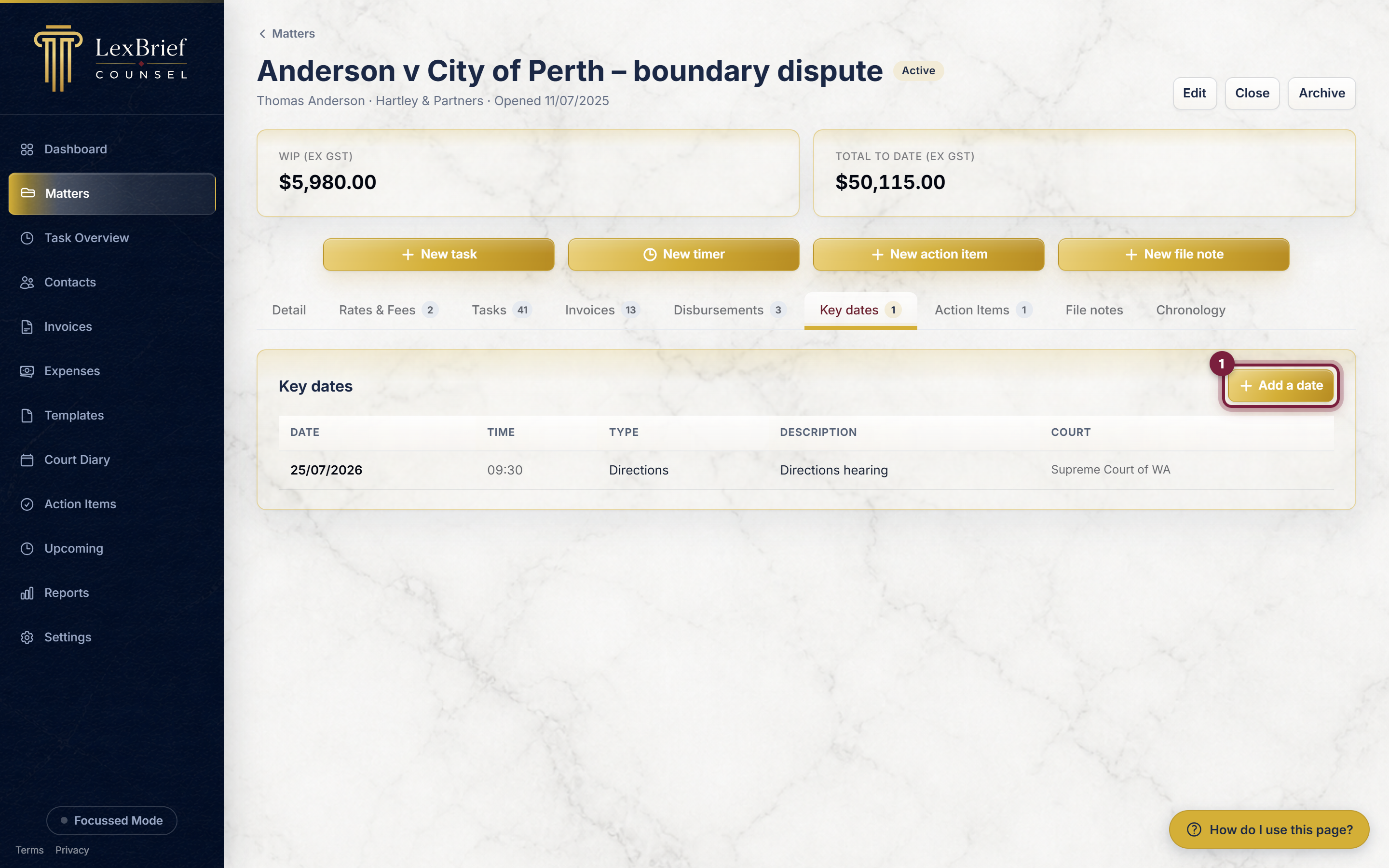 The Add a date button on the Key dates tab, circled