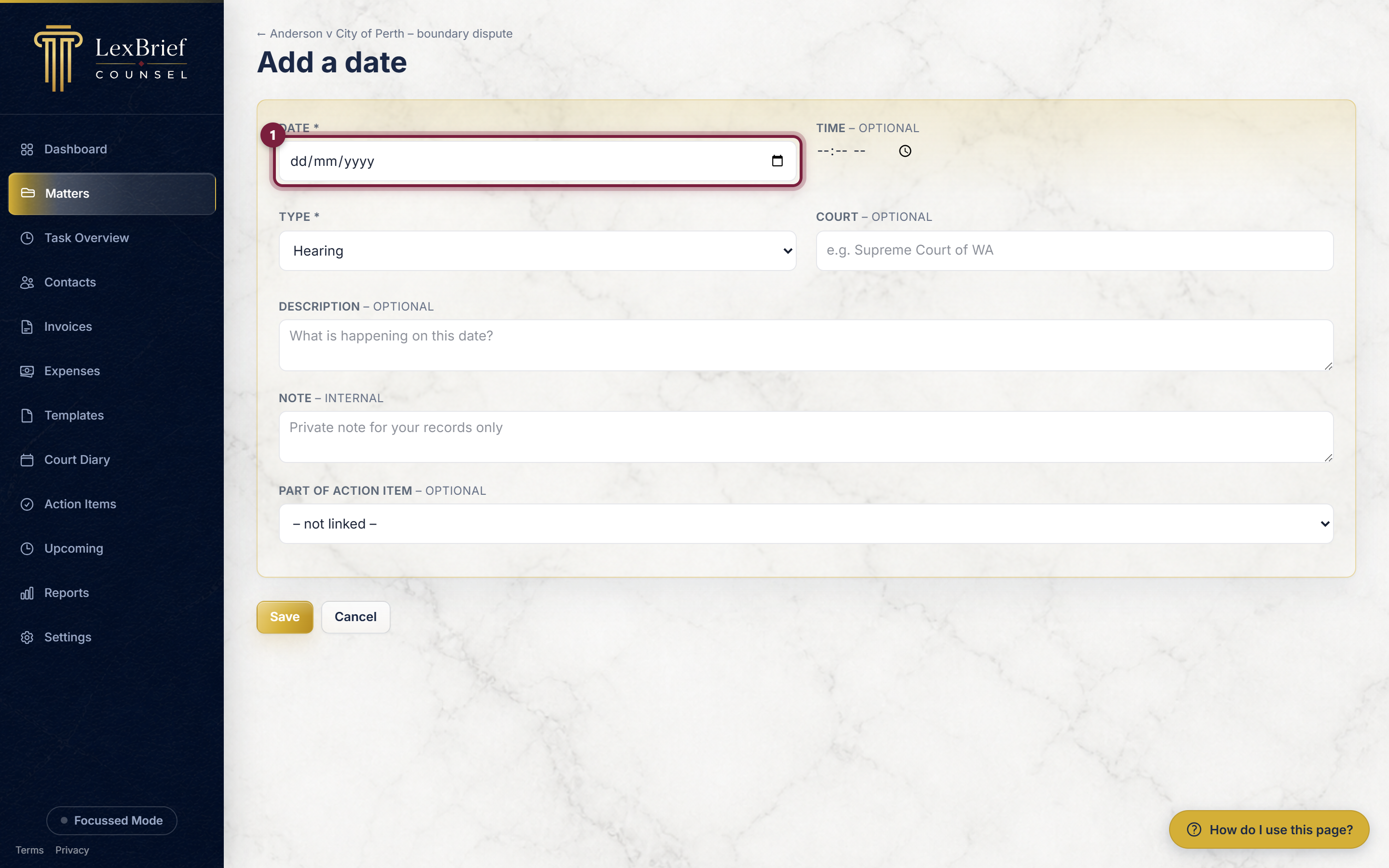 The Add a date form, with the Date box circled