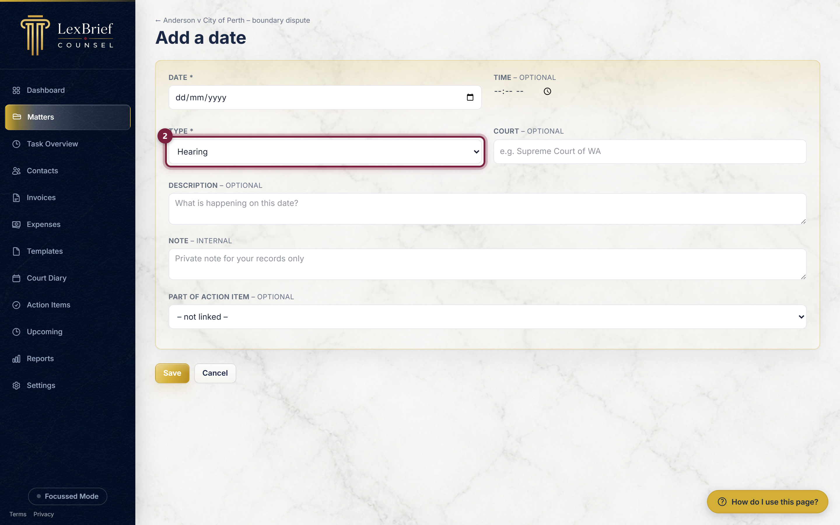 The Type box on the Add a date form, circled