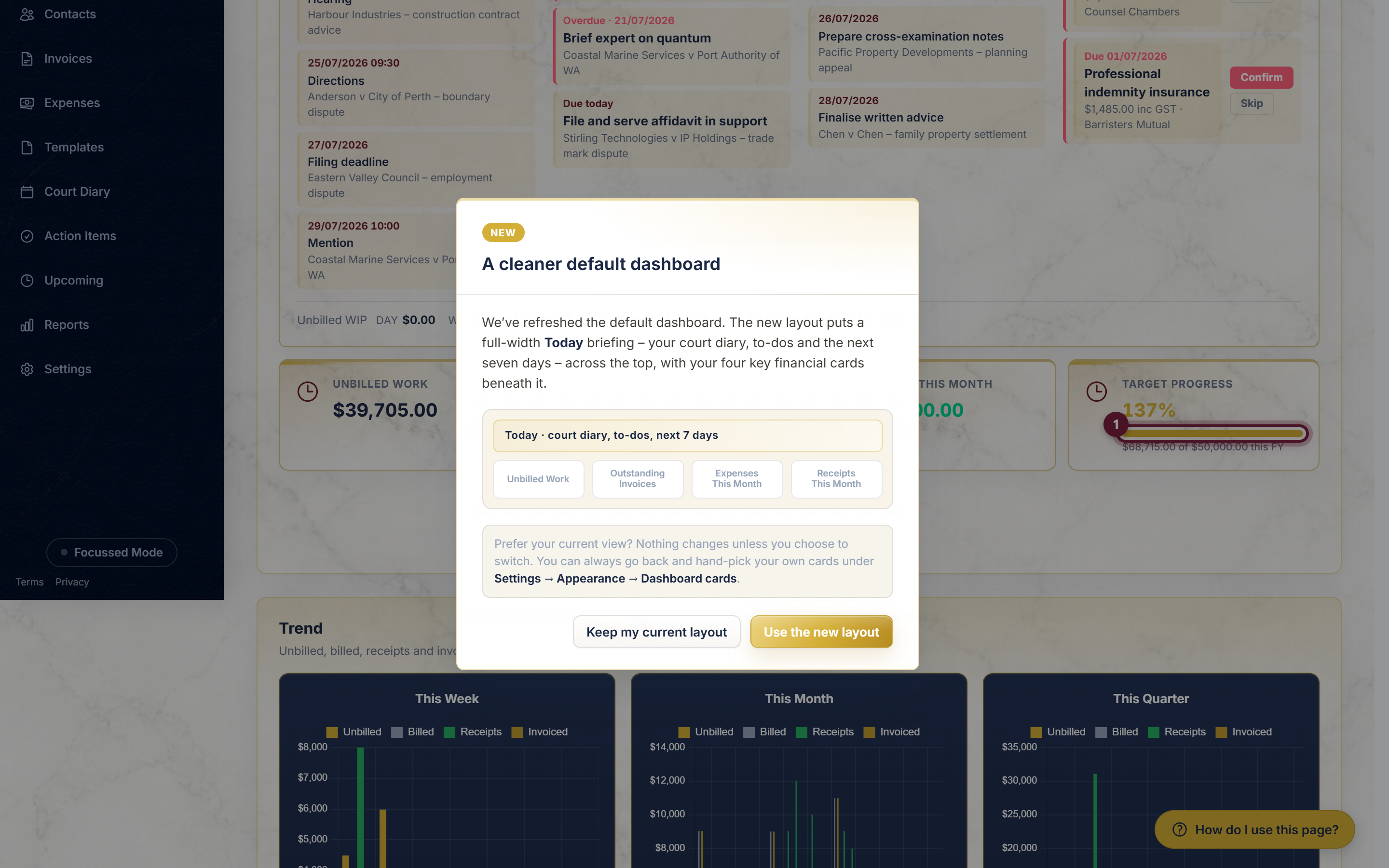 A Target Progress card on the Dashboard, showing a part-filled bar and the amount recorded so far against the target