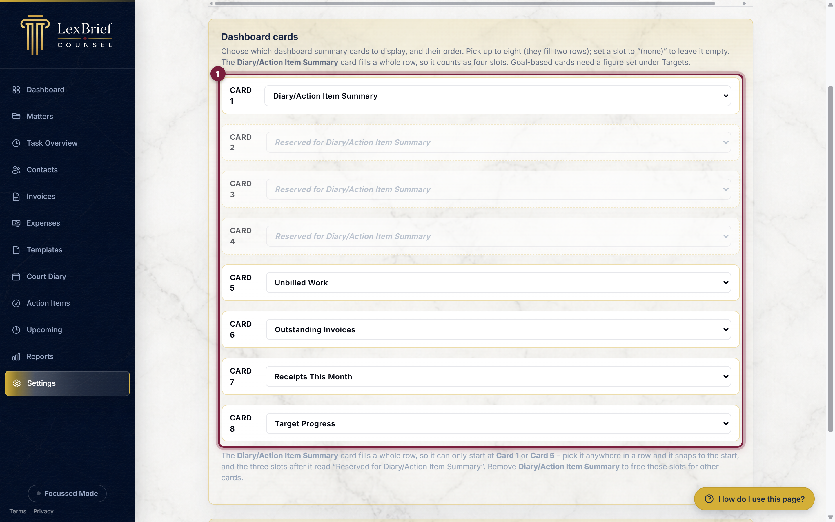 The Dashboard cards settings, showing the Diary/Action Item Summary card in Card 1 with the next three slots reserved for it, highlighted