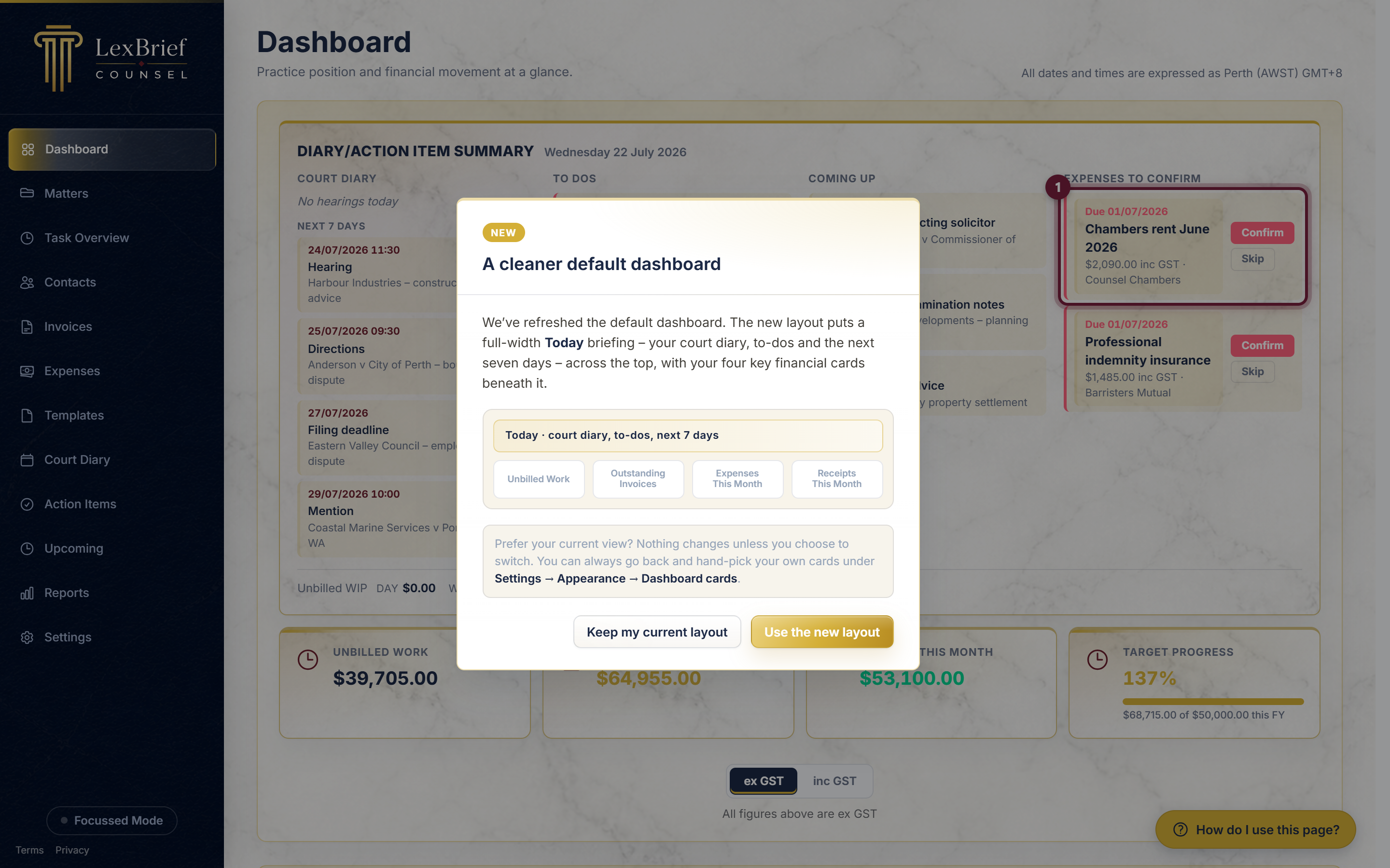 The Expenses to confirm column on the dashboard Diary/Action Item Summary card, circled, with Confirm and Skip buttons beside each due expense