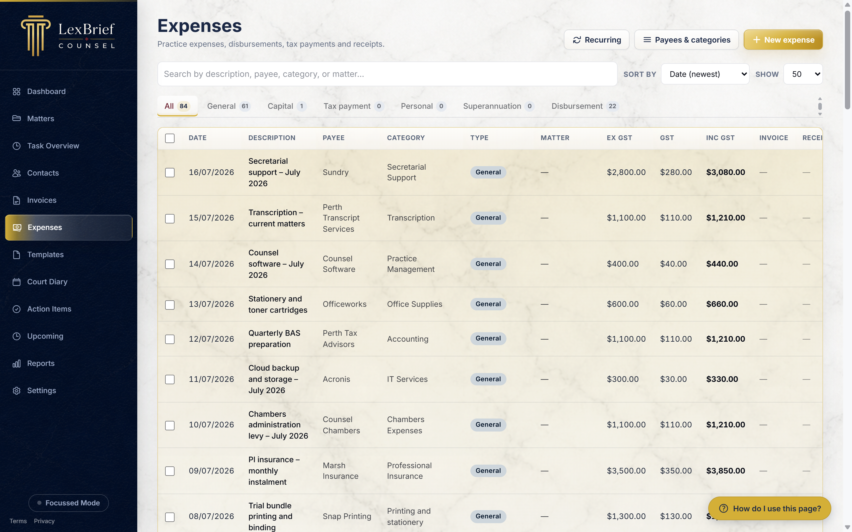 The Expenses list, showing one row per expense with description, payee, category and amounts