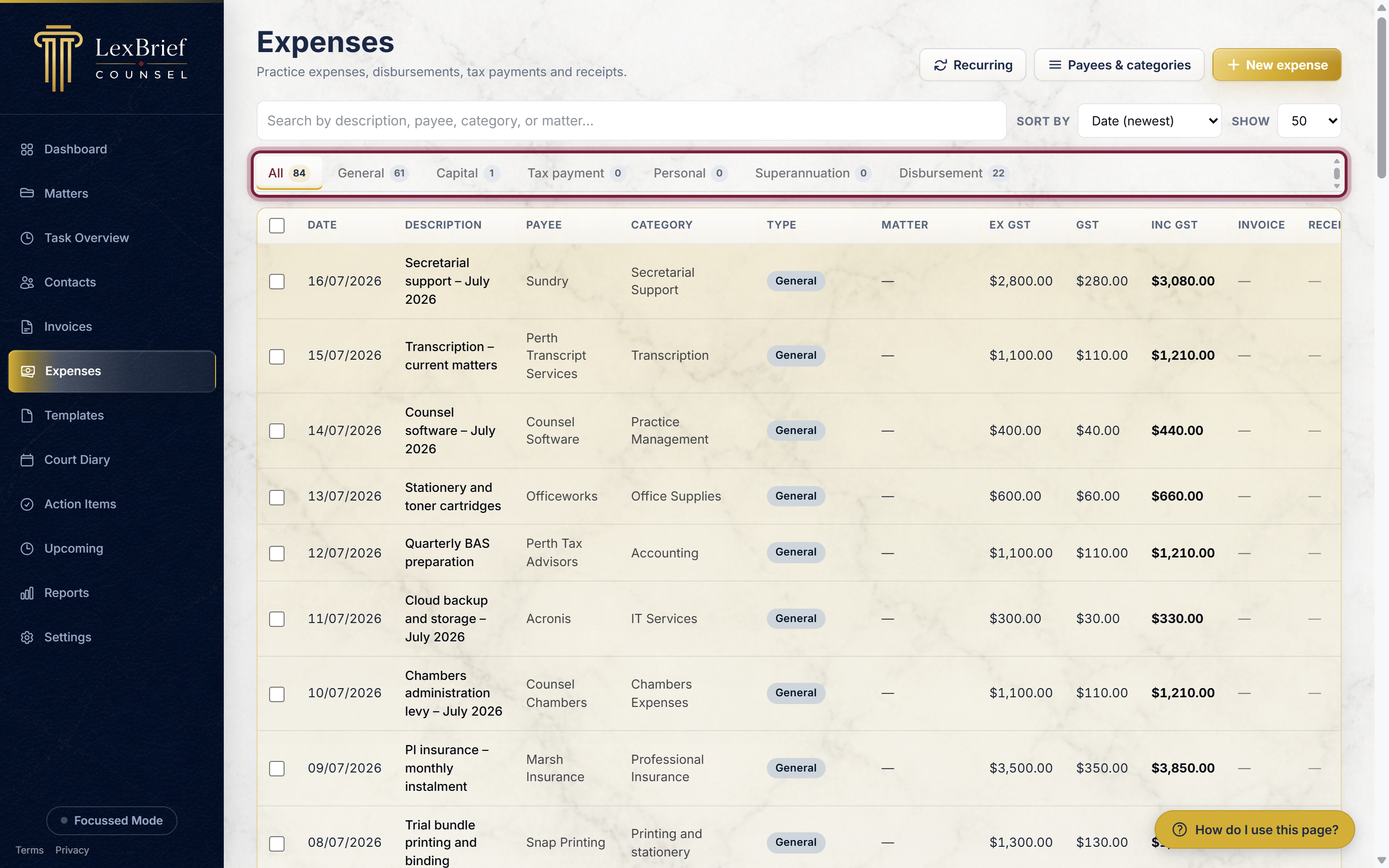 The expense-type tabs above the expenses list, circled