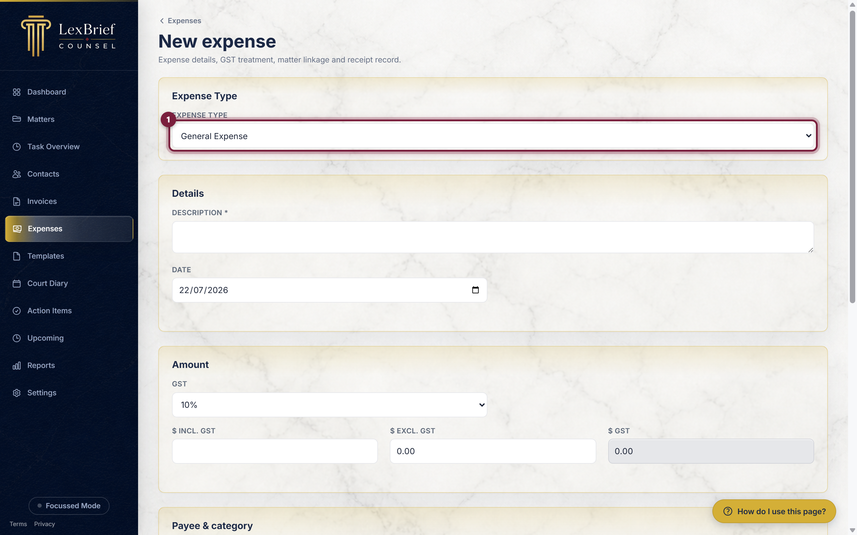The Expense Type box at the top of the new expense form, circled