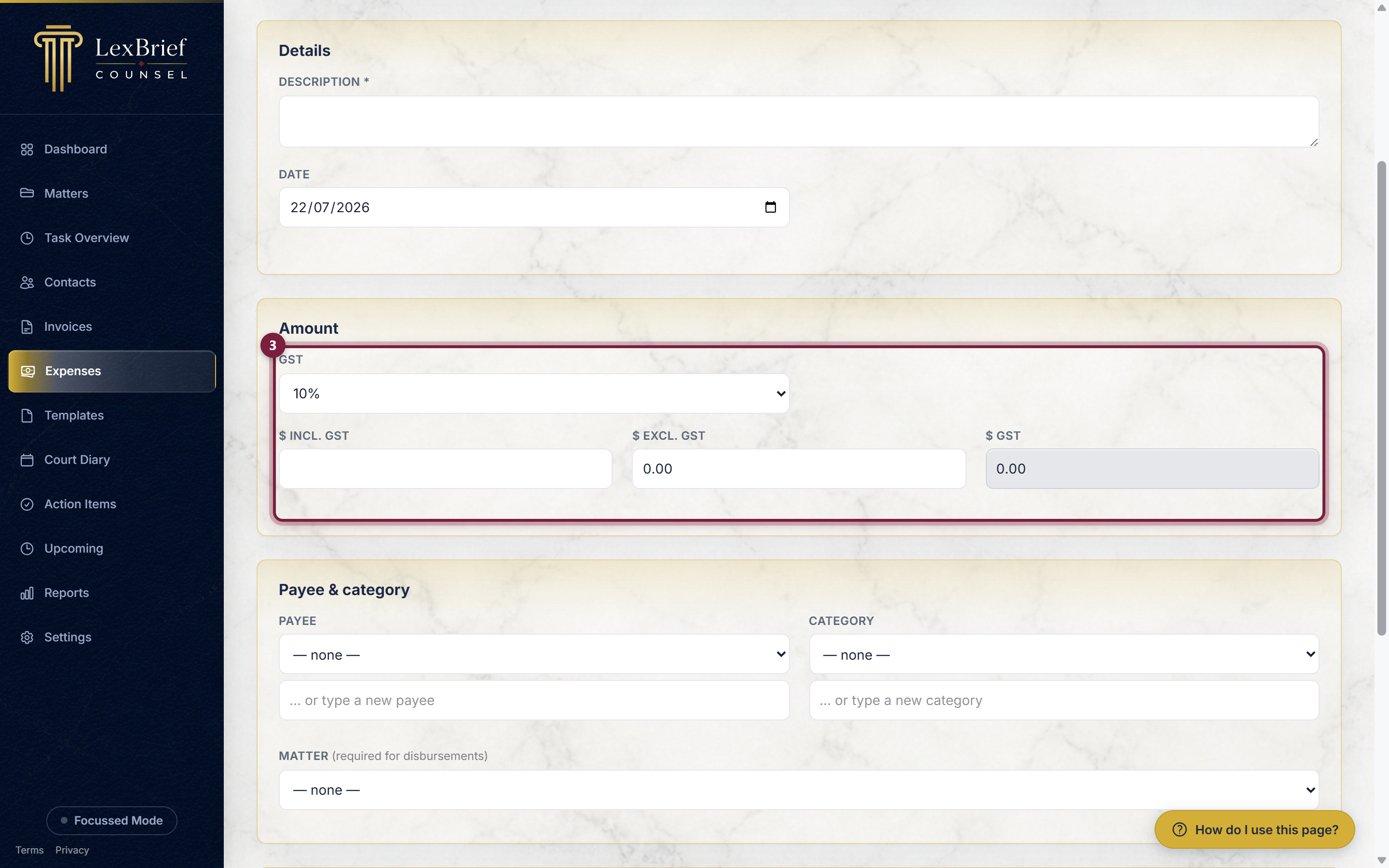 The Amount section of the new expense form, circled