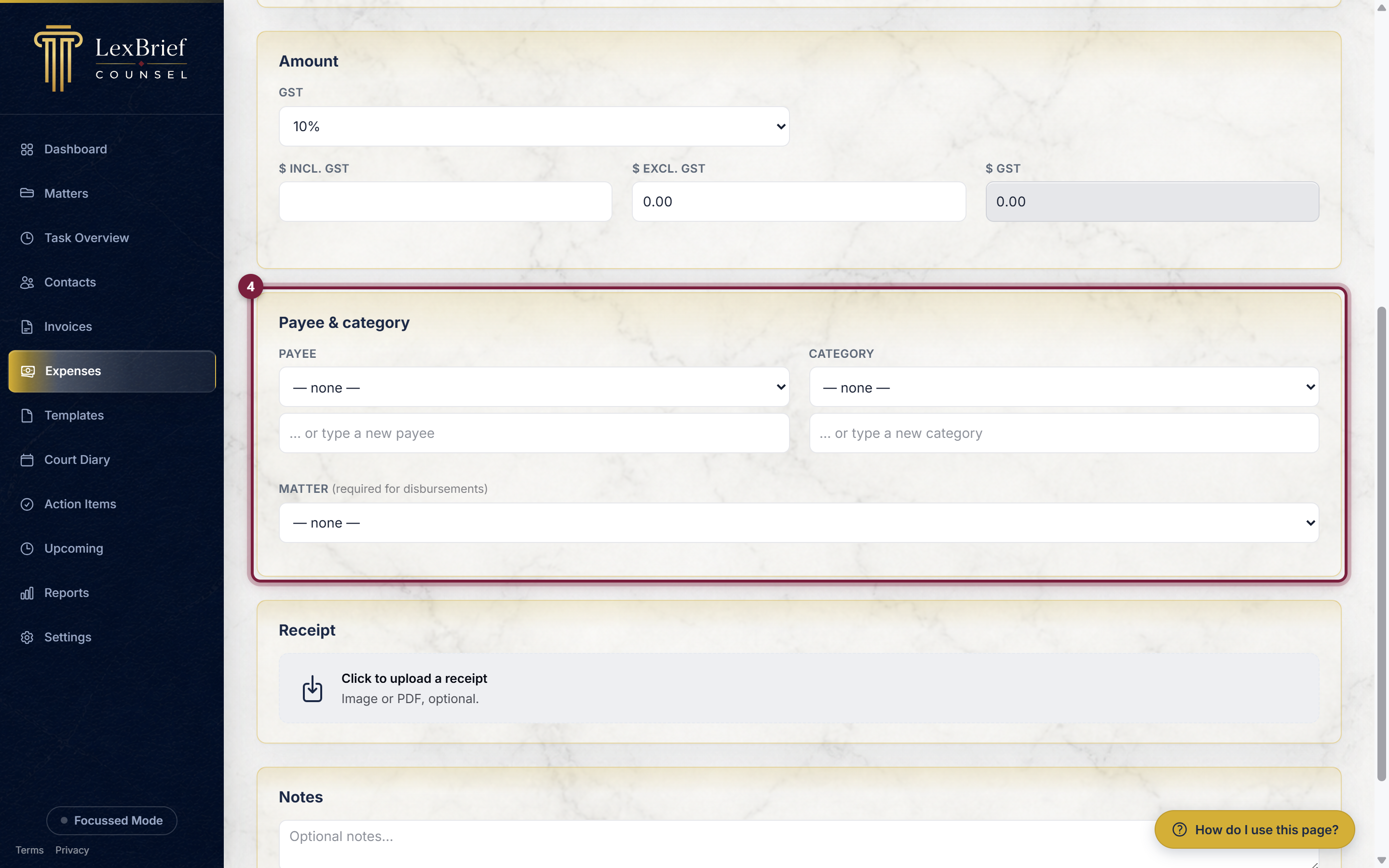 The Payee and category section of the new expense form, circled