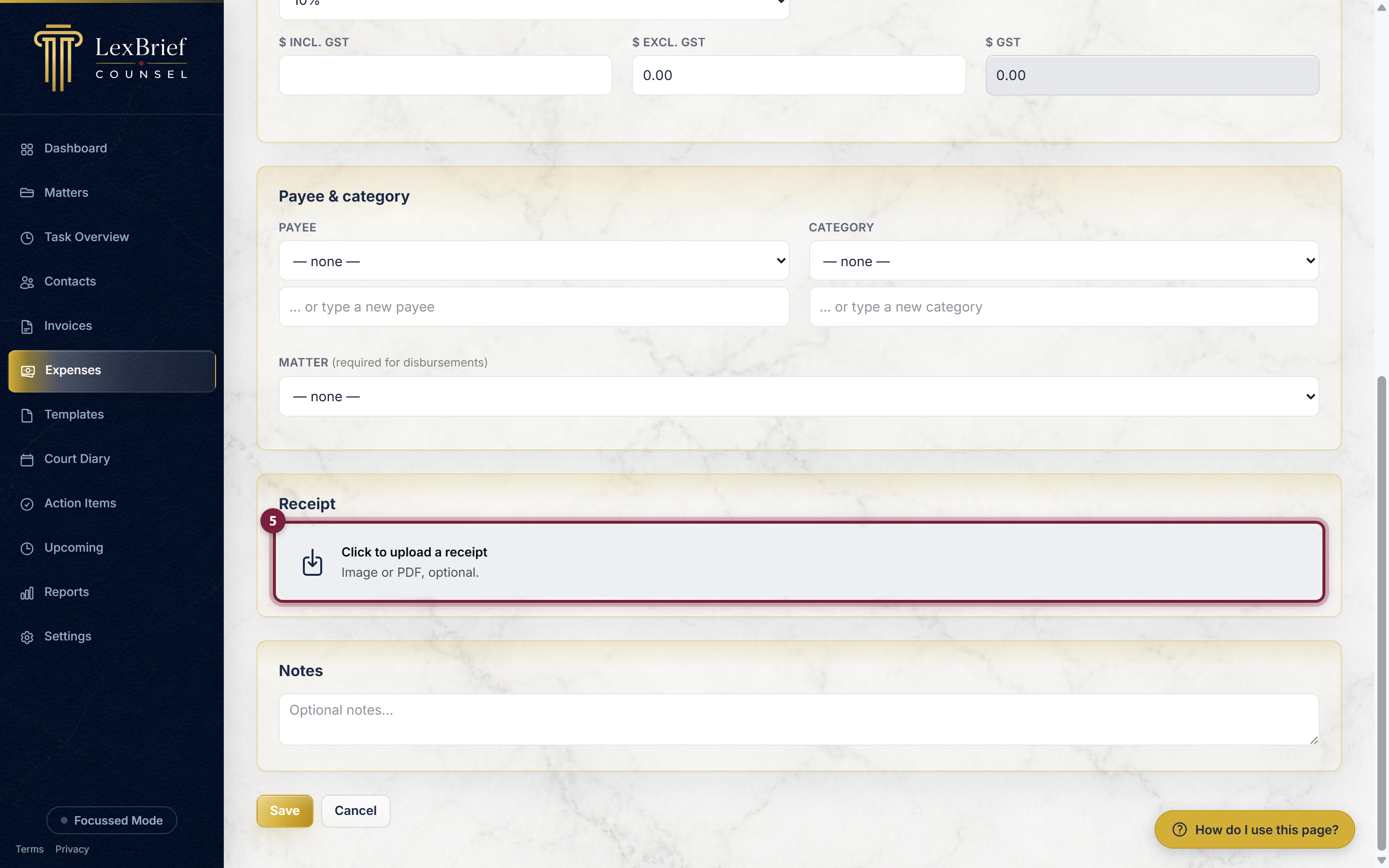 The receipt upload box on the new expense form, circled