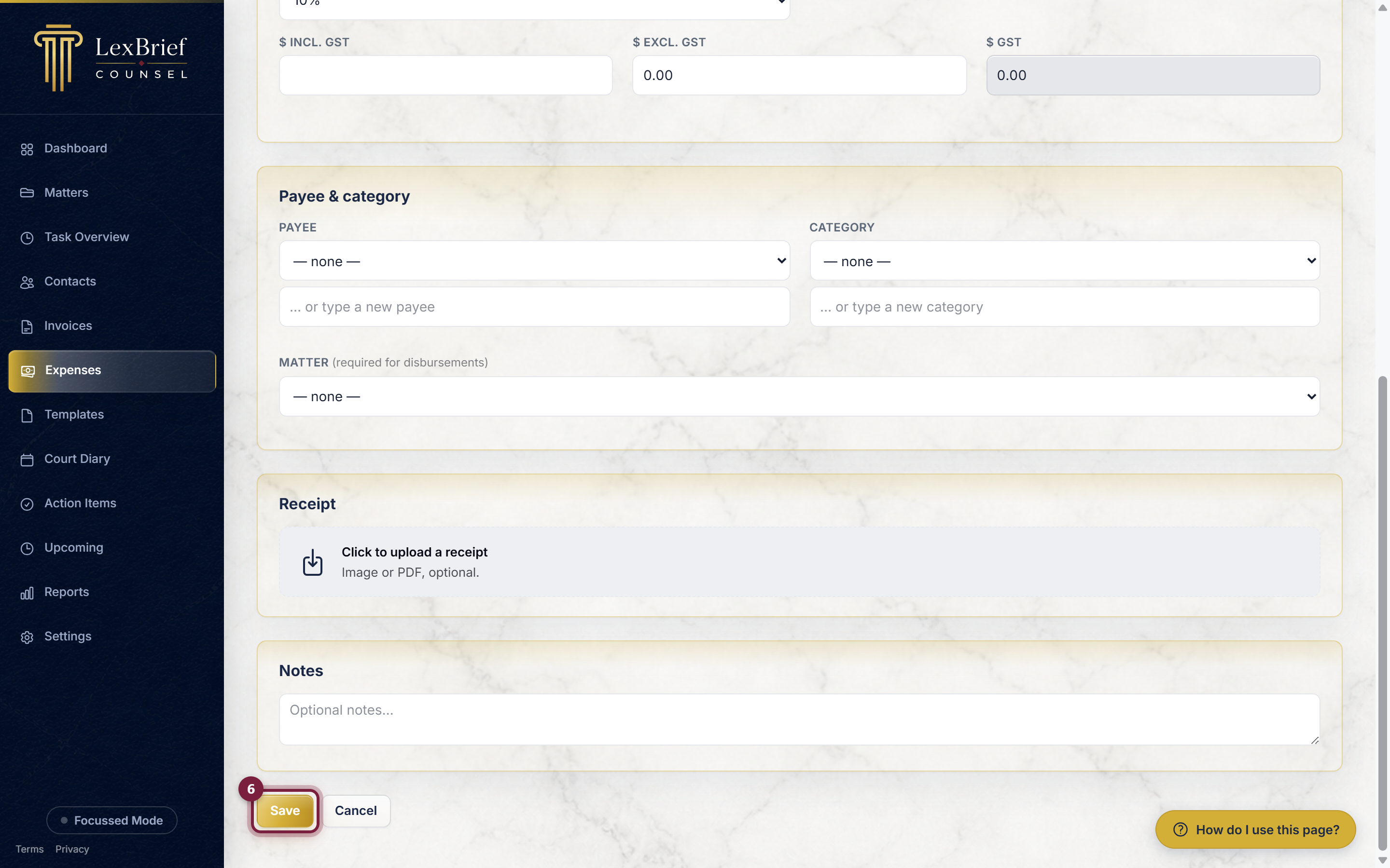 The Save button at the bottom of the new expense form, circled