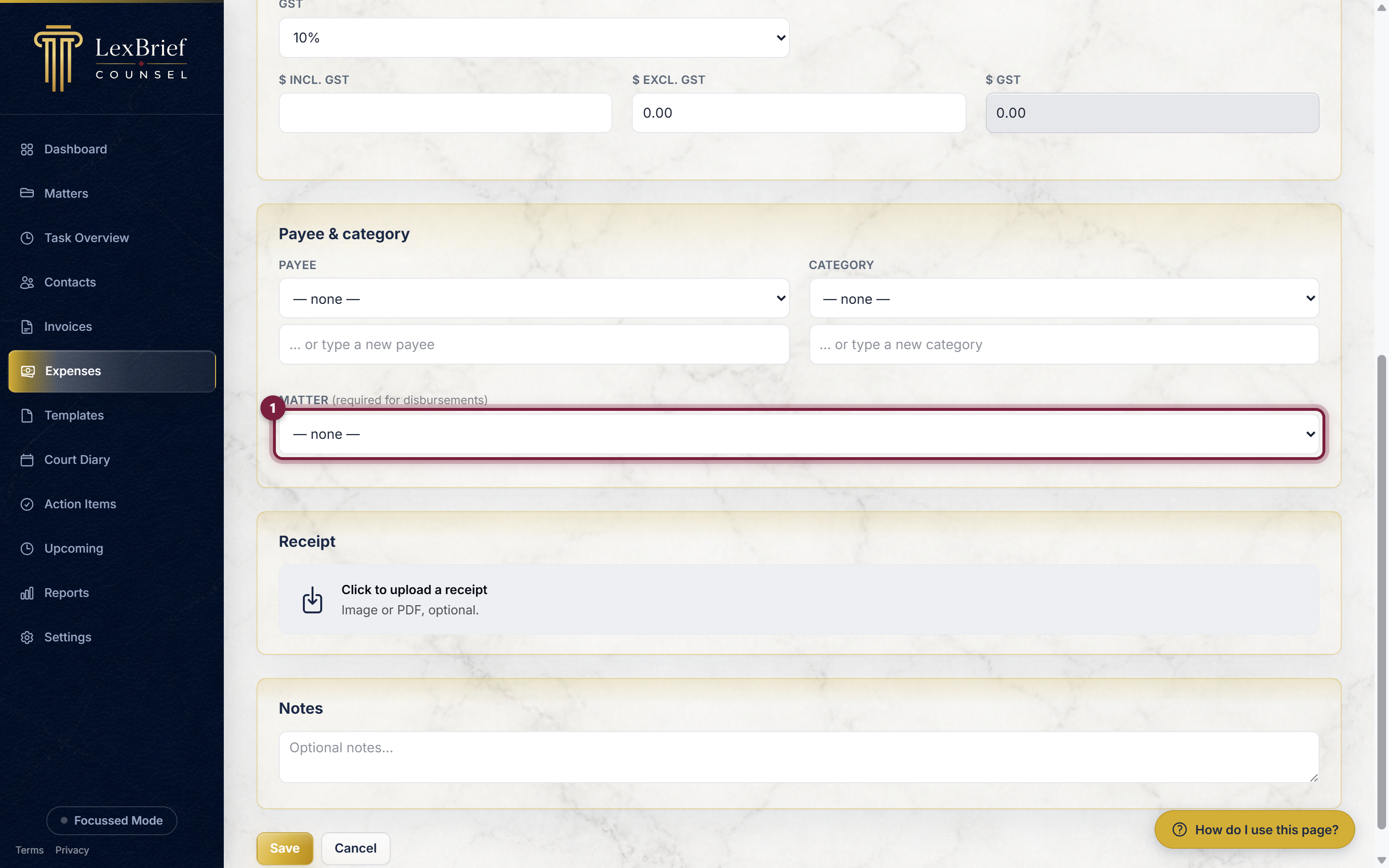 The new expense form set to Disbursement, with the Matter box circled