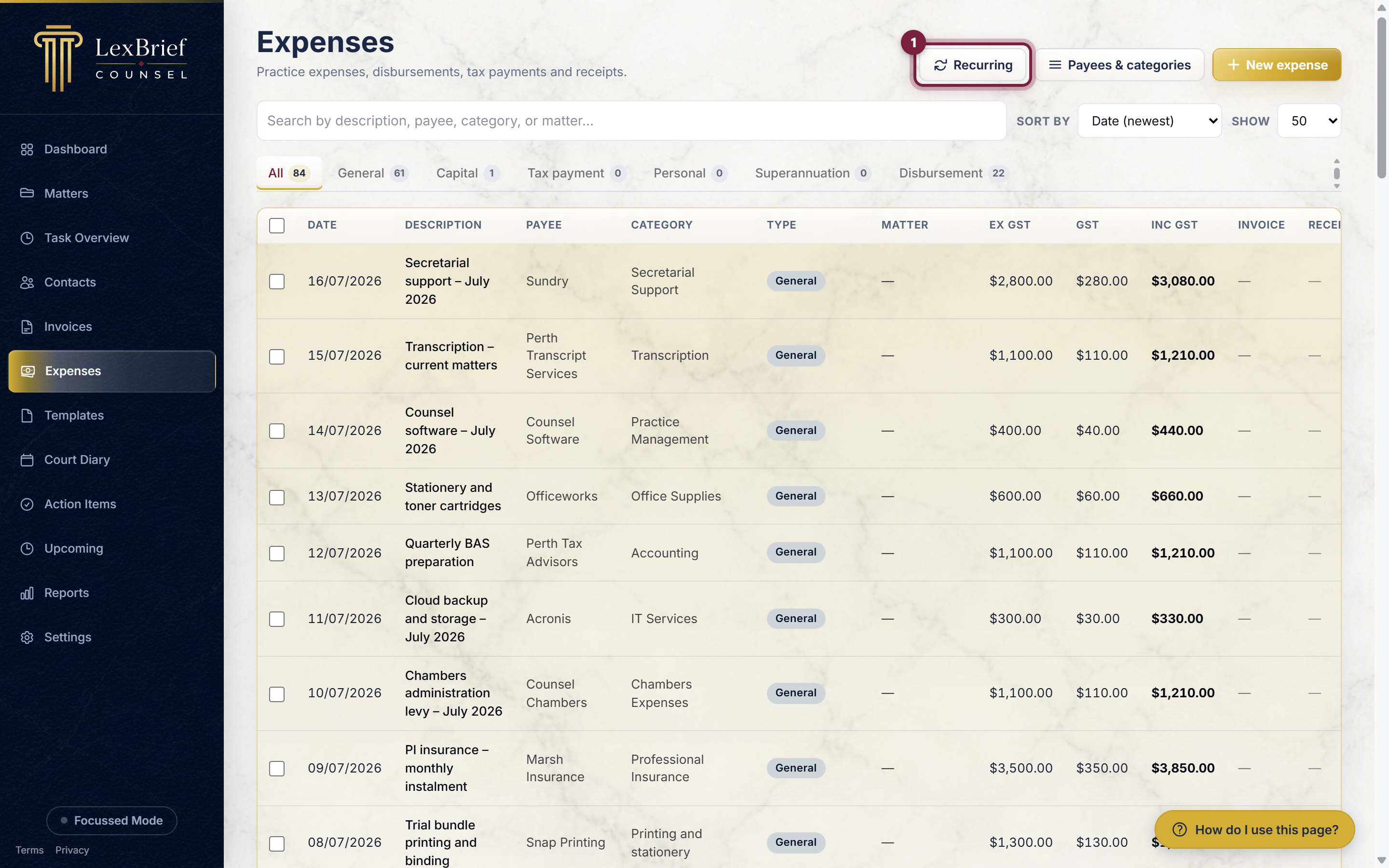 The Recurring button along the top of the Expenses page, circled