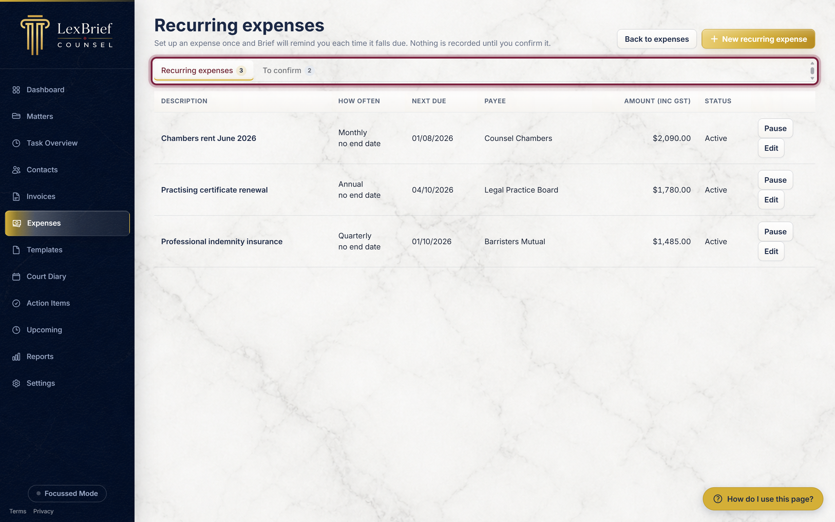 The Recurring expenses page, with the Recurring expenses and To confirm tabs circled and a count beside each