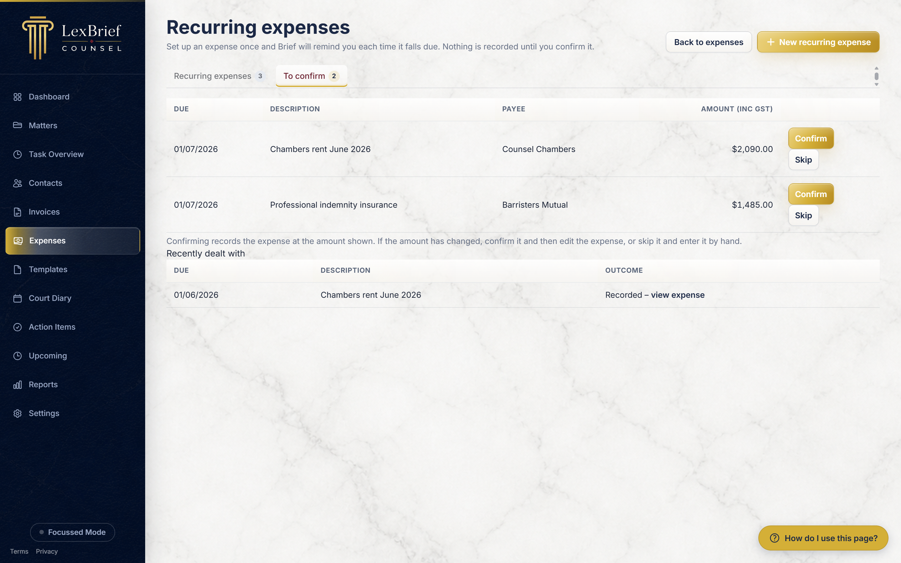The To confirm tab listing two due expenses with Confirm and Skip buttons, and the Recently dealt with table below